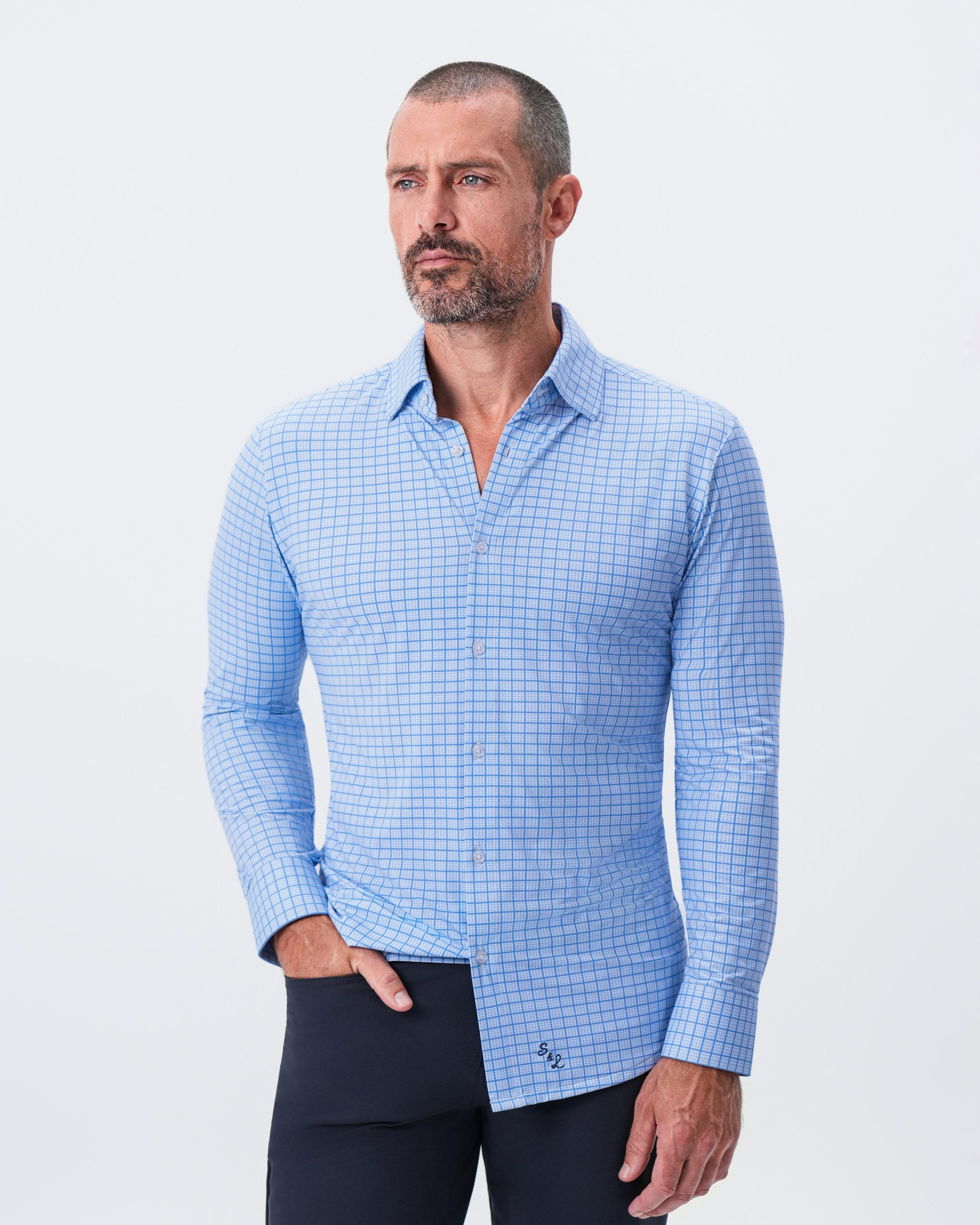 "The Lawrence" Sport Shirt - Light Blue with Navy Windowpane