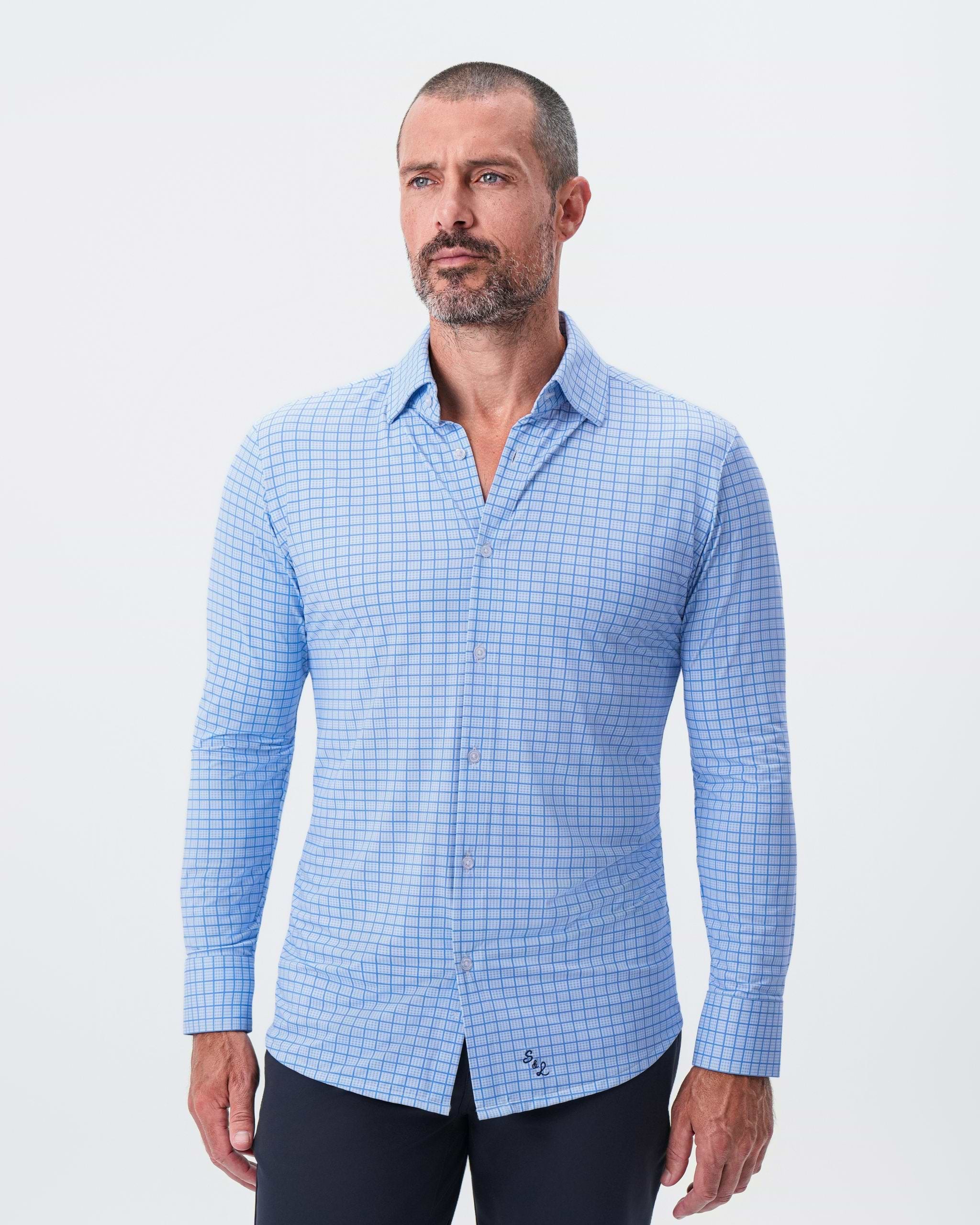 "The Lawrence" Sport Shirt - Light Blue with Navy Windowpane