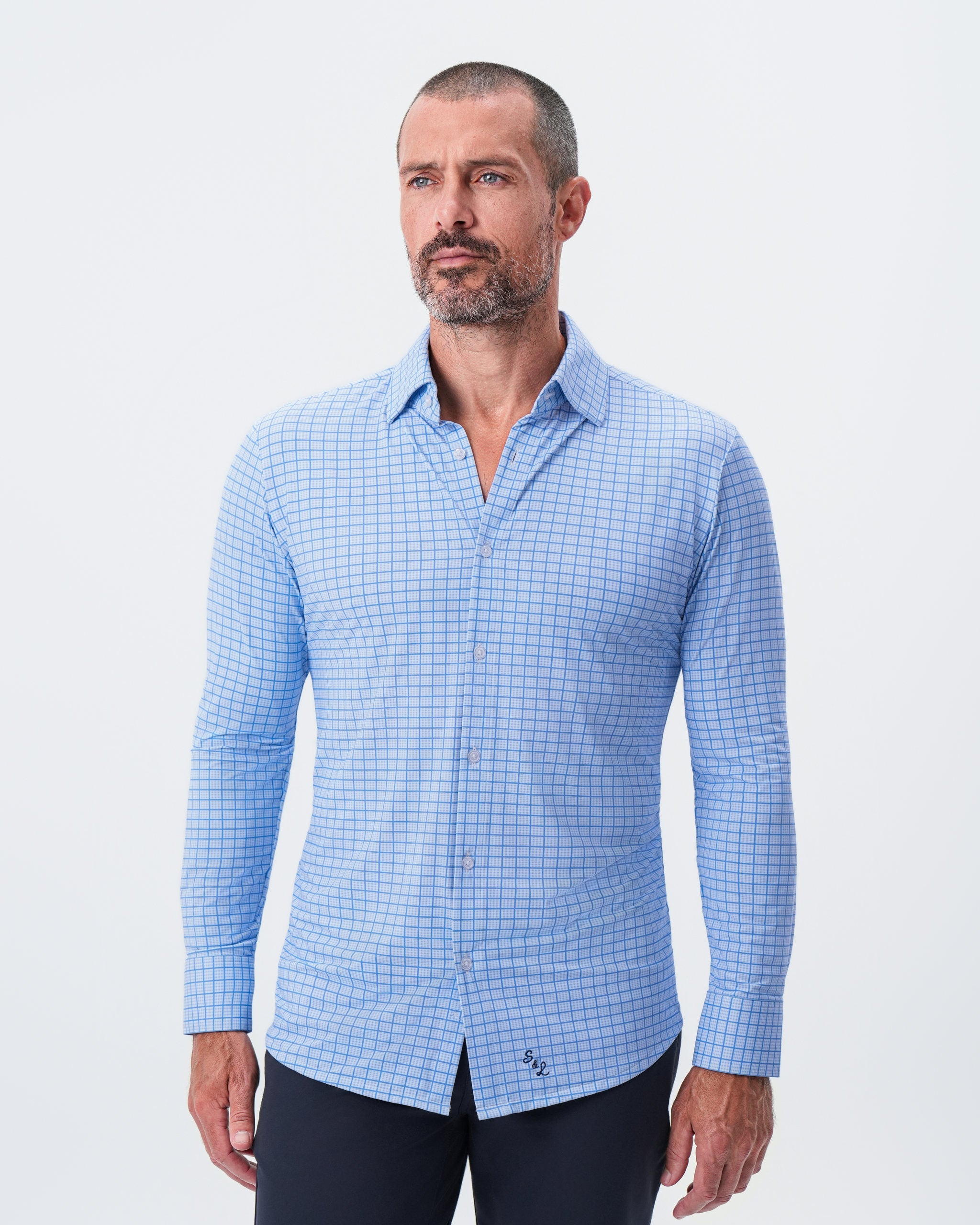 "The Lawrence" Sport Shirt - Light Blue with Navy Windowpane
