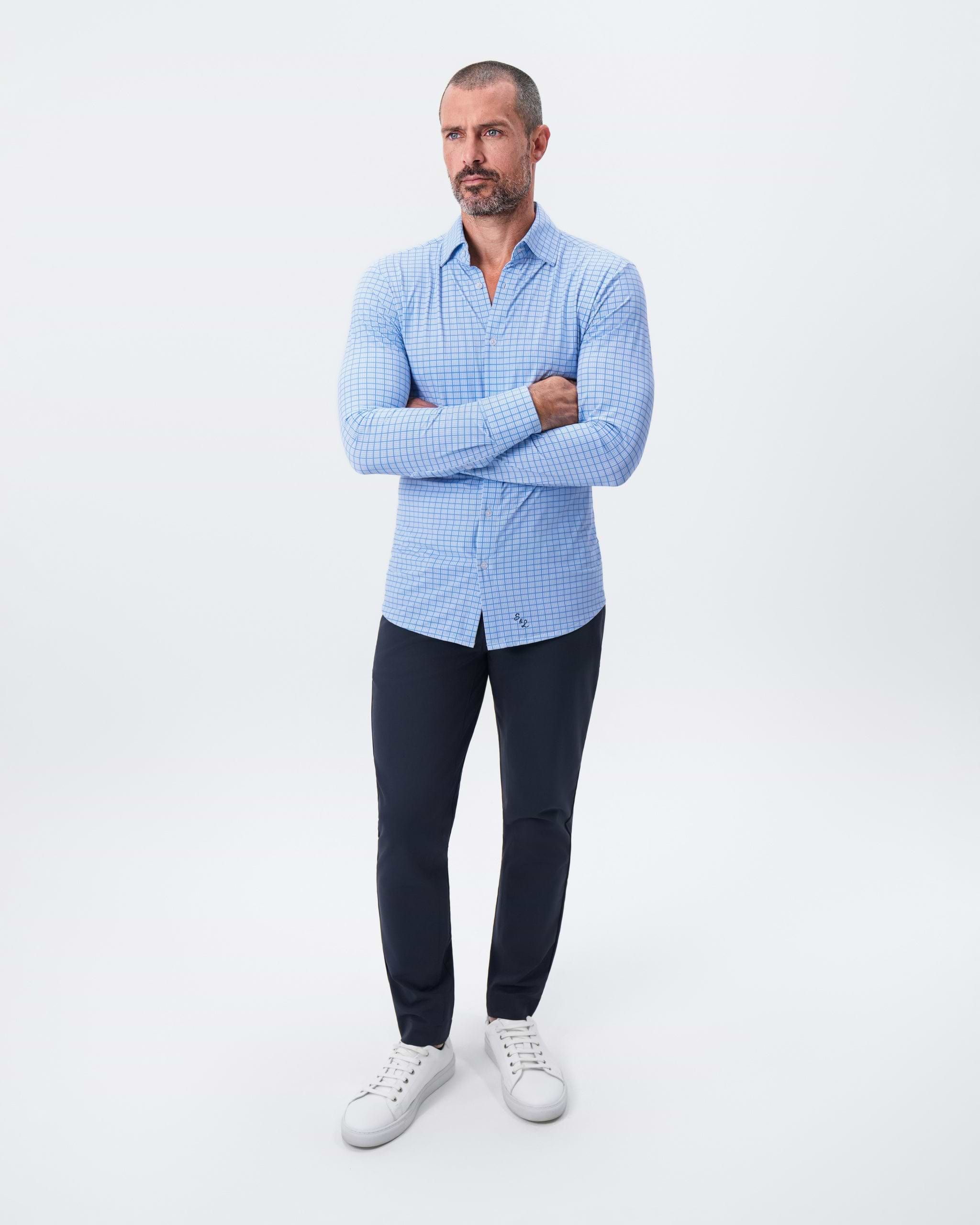 "The Lawrence" Sport Shirt - Light Blue with Navy Windowpane