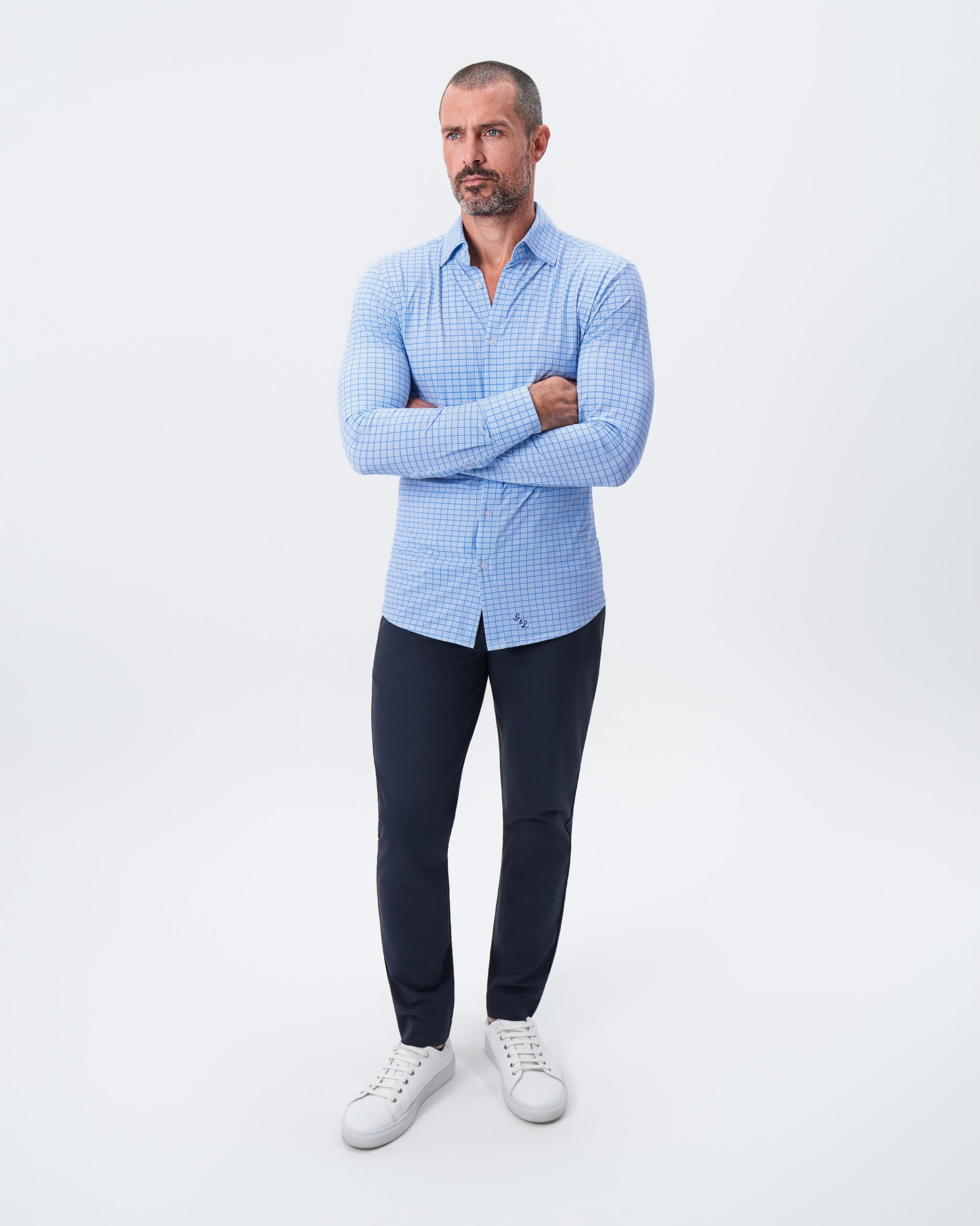 "The Lawrence" Sport Shirt - Light Blue with Navy Windowpane