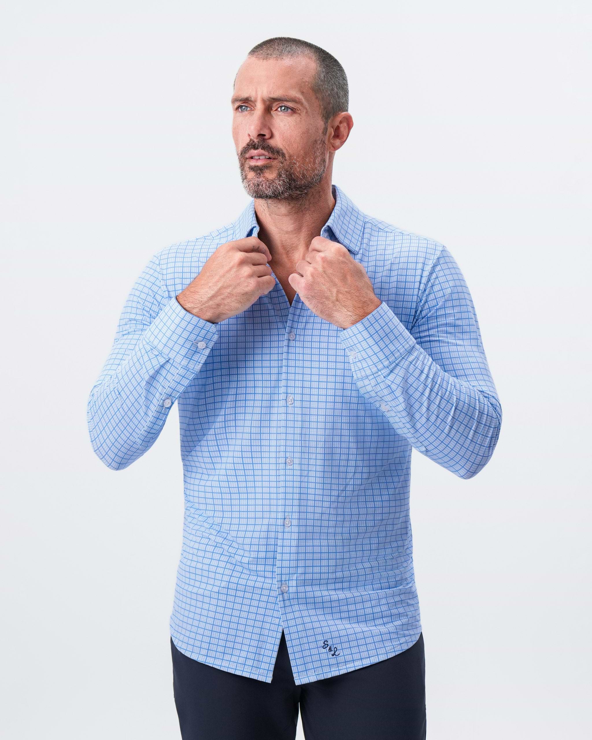 "The Lawrence" Sport Shirt - Light Blue with Navy Windowpane
