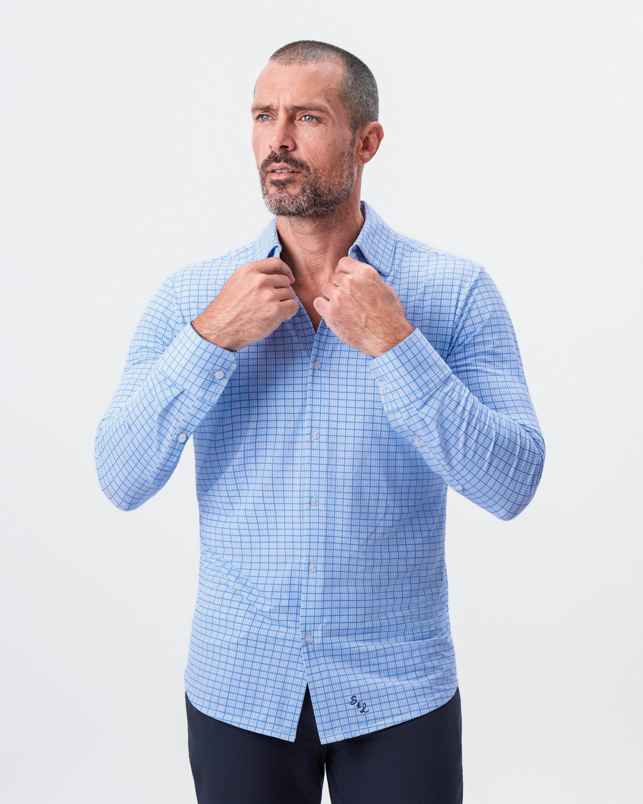 "The Lawrence" Sport Shirt - Light Blue with Navy Windowpane