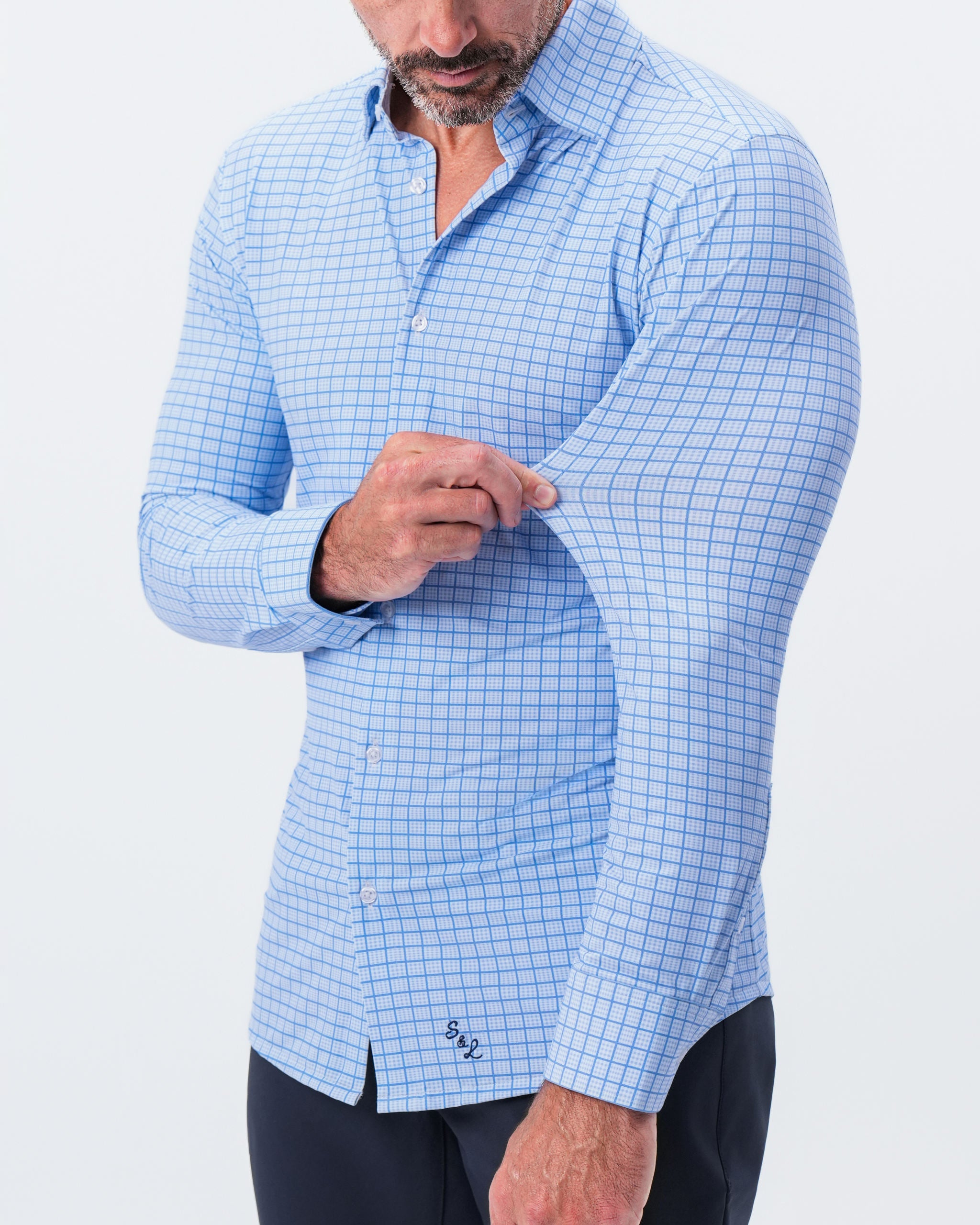 "The Lawrence" Sport Shirt - Light Blue with Navy Windowpane