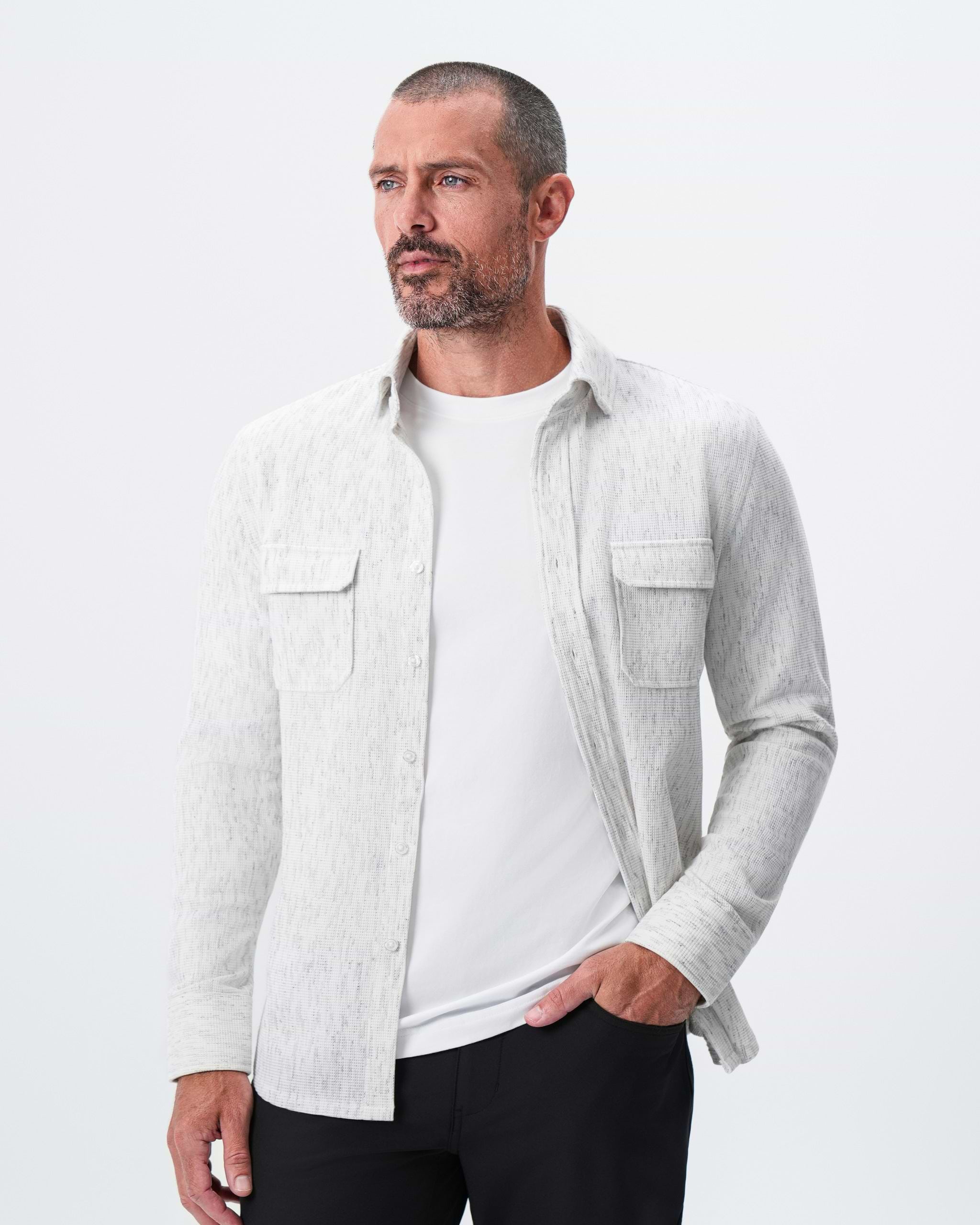 Waffle Patch Pocket Button Down - Heathered White