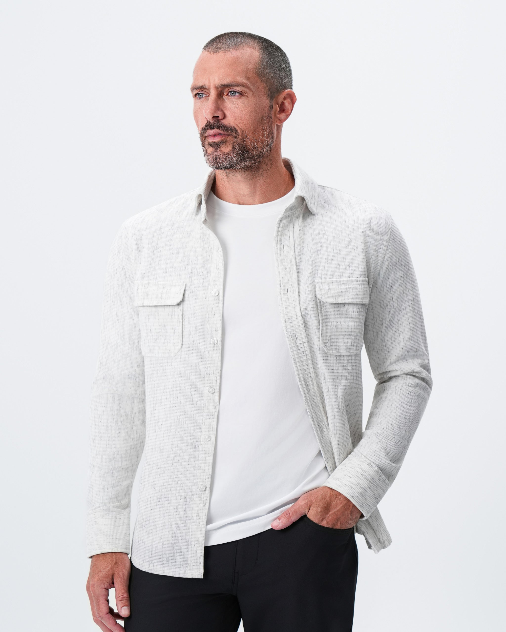 Waffle Patch Pocket Button Down - Heathered White