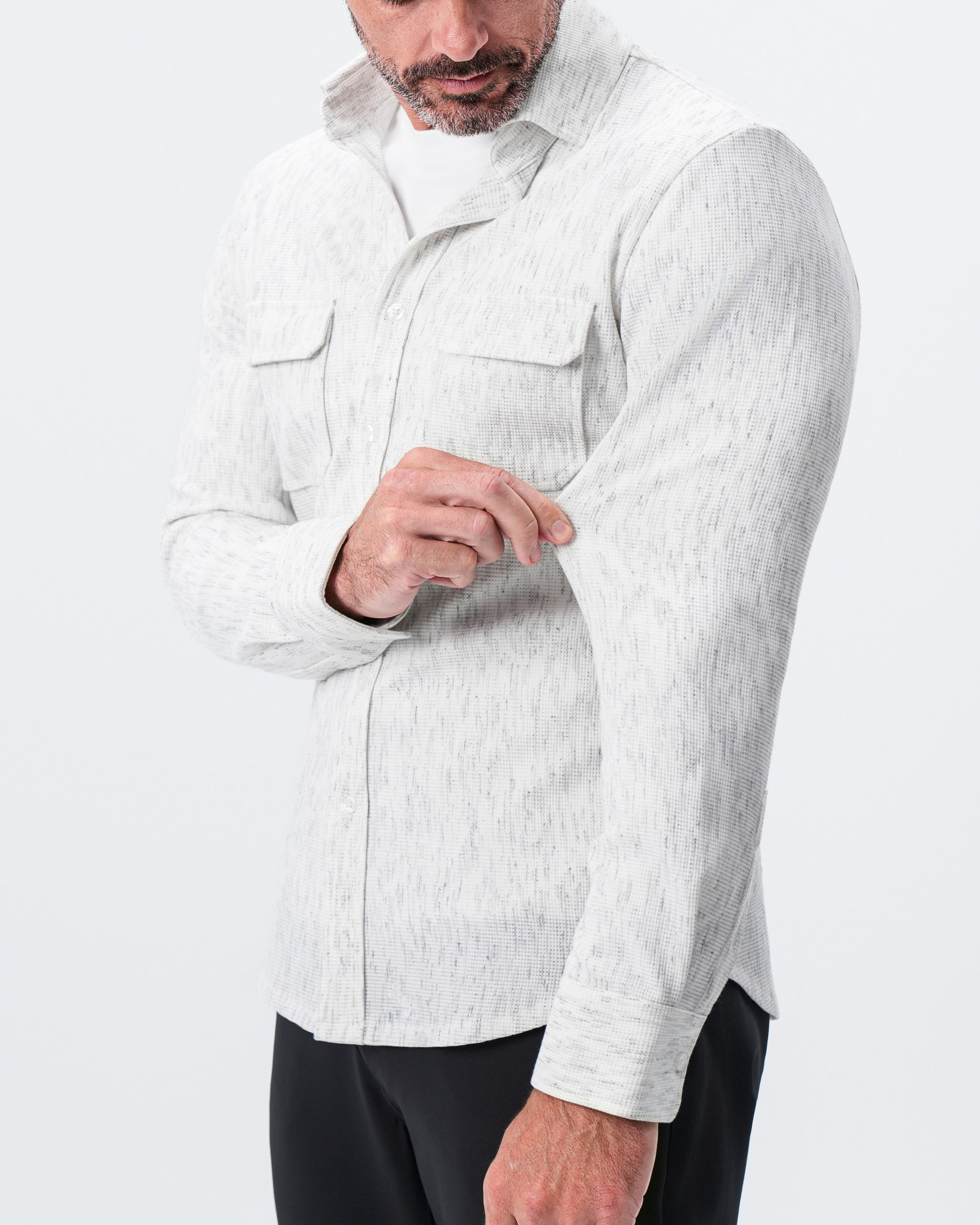 Waffle Patch Pocket Button Down - Heathered White