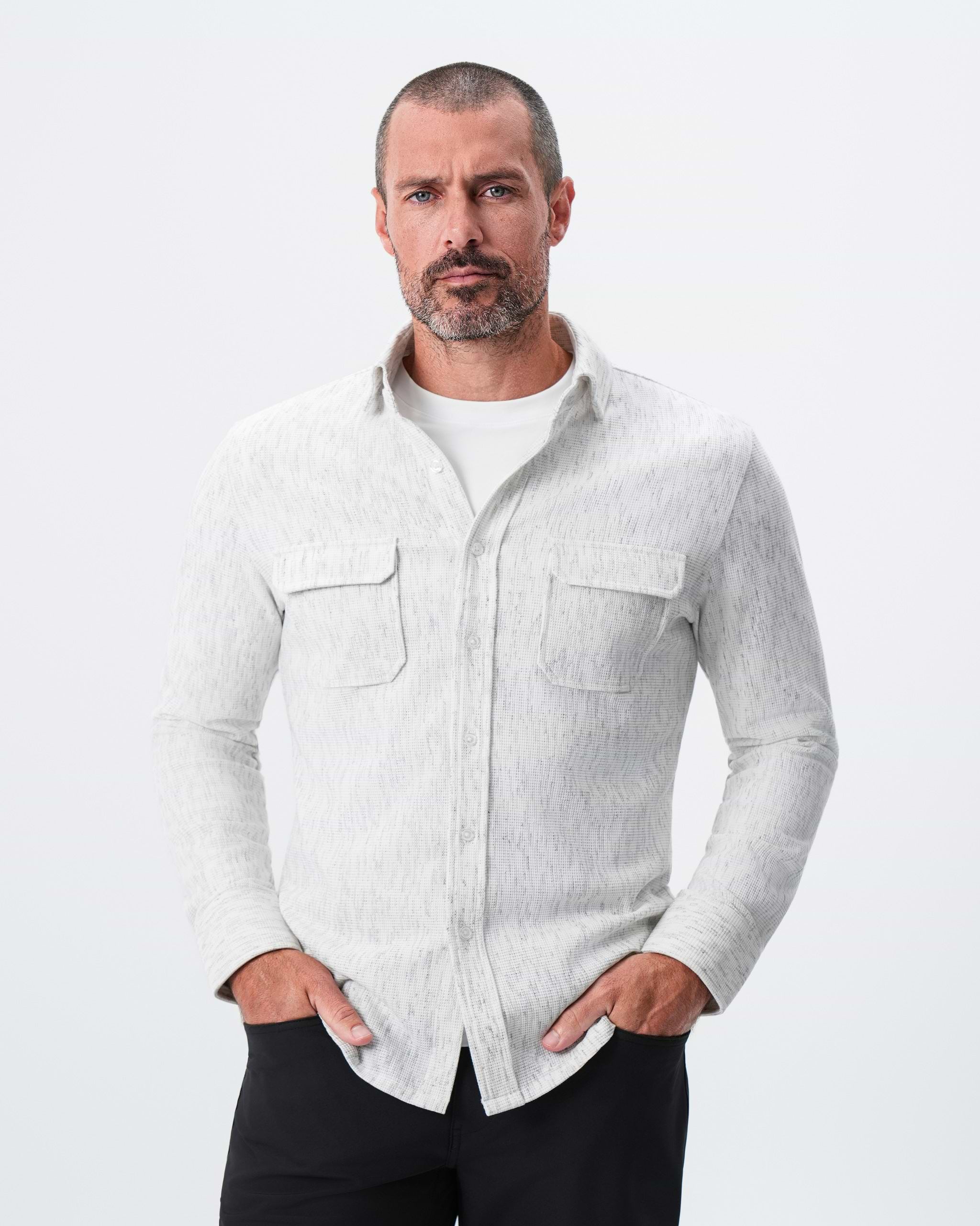 Waffle Patch Pocket Button Down - Heathered White