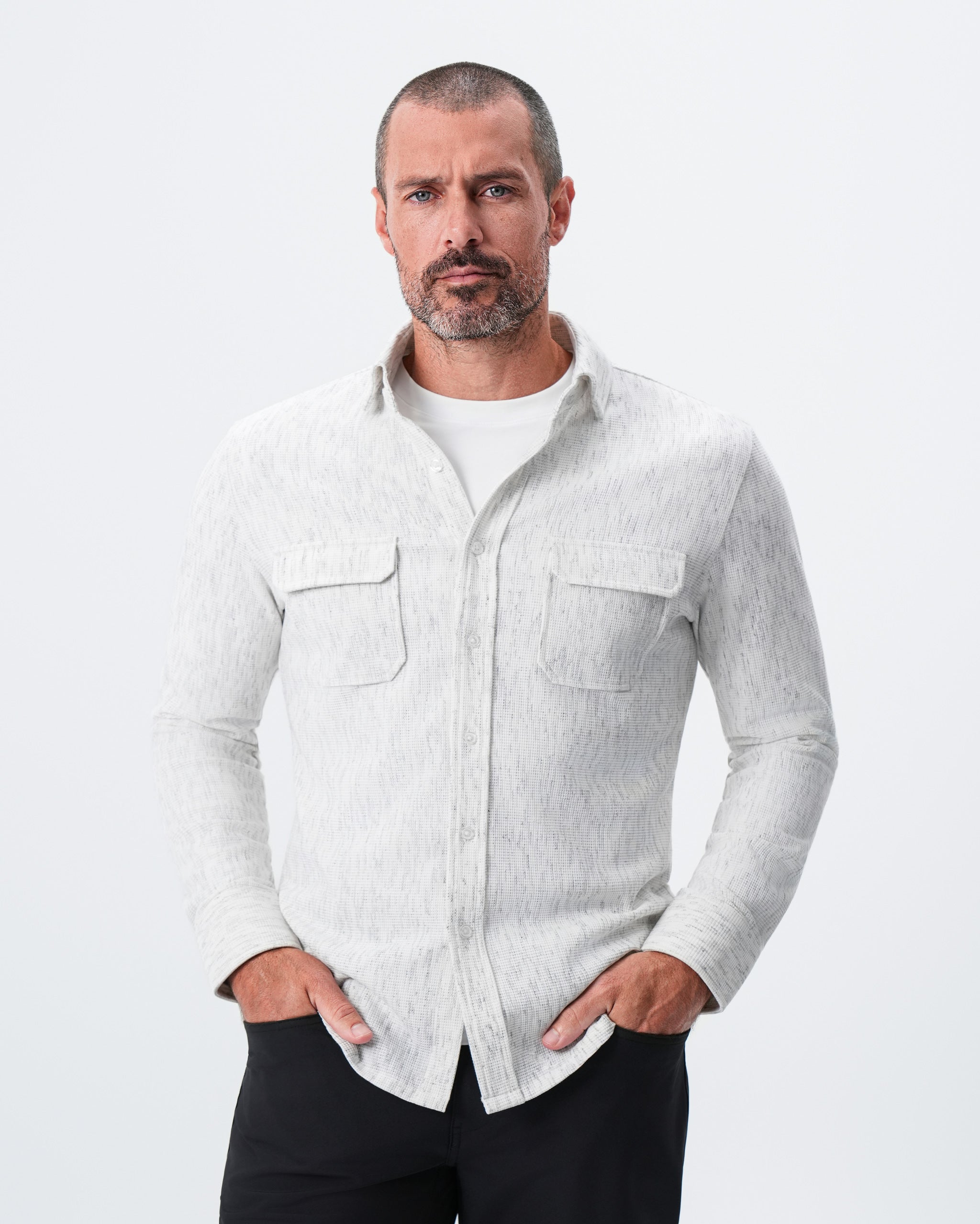 Waffle Patch Pocket Button Down - Heathered White