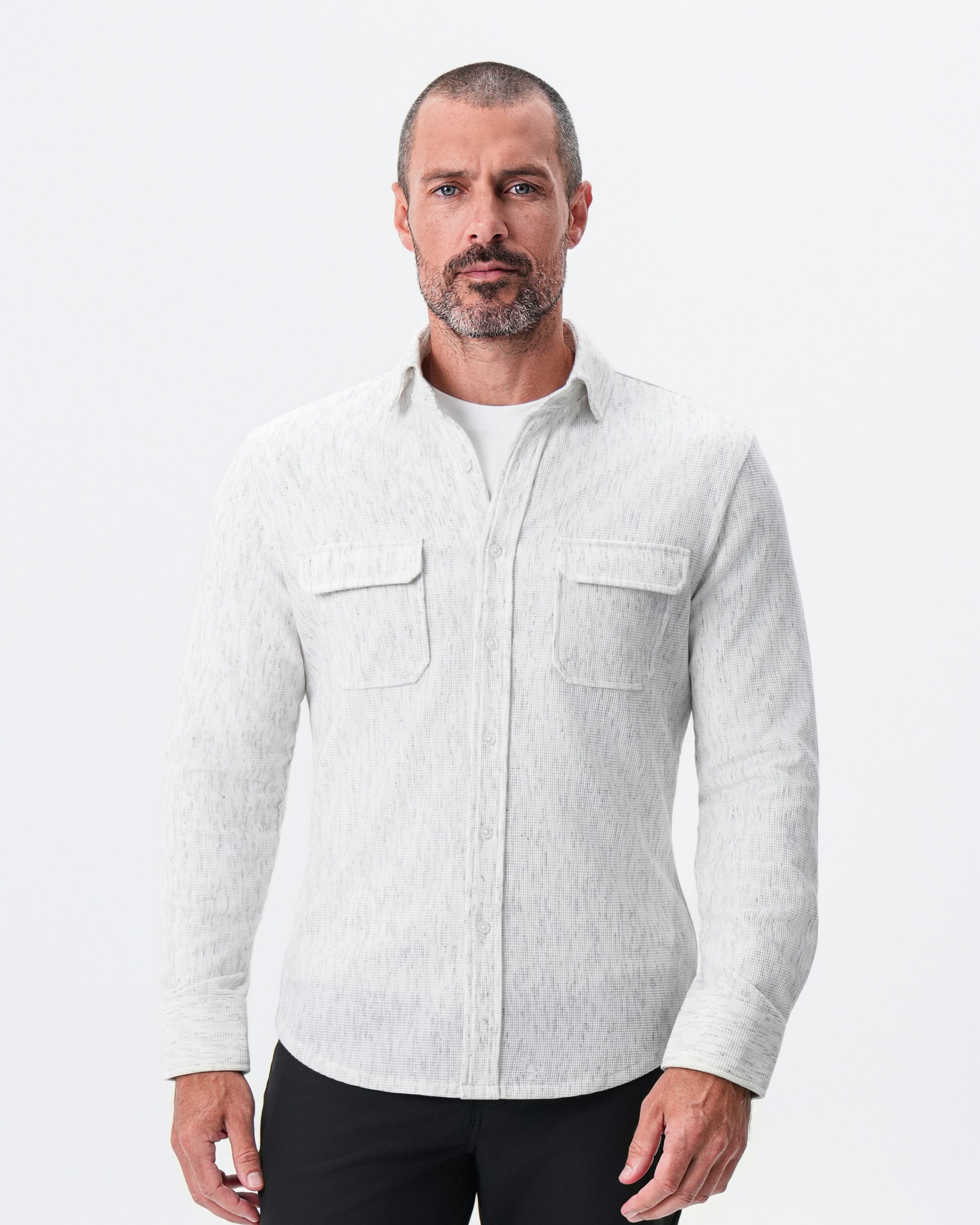 Waffle Patch Pocket Button Down - Heathered White