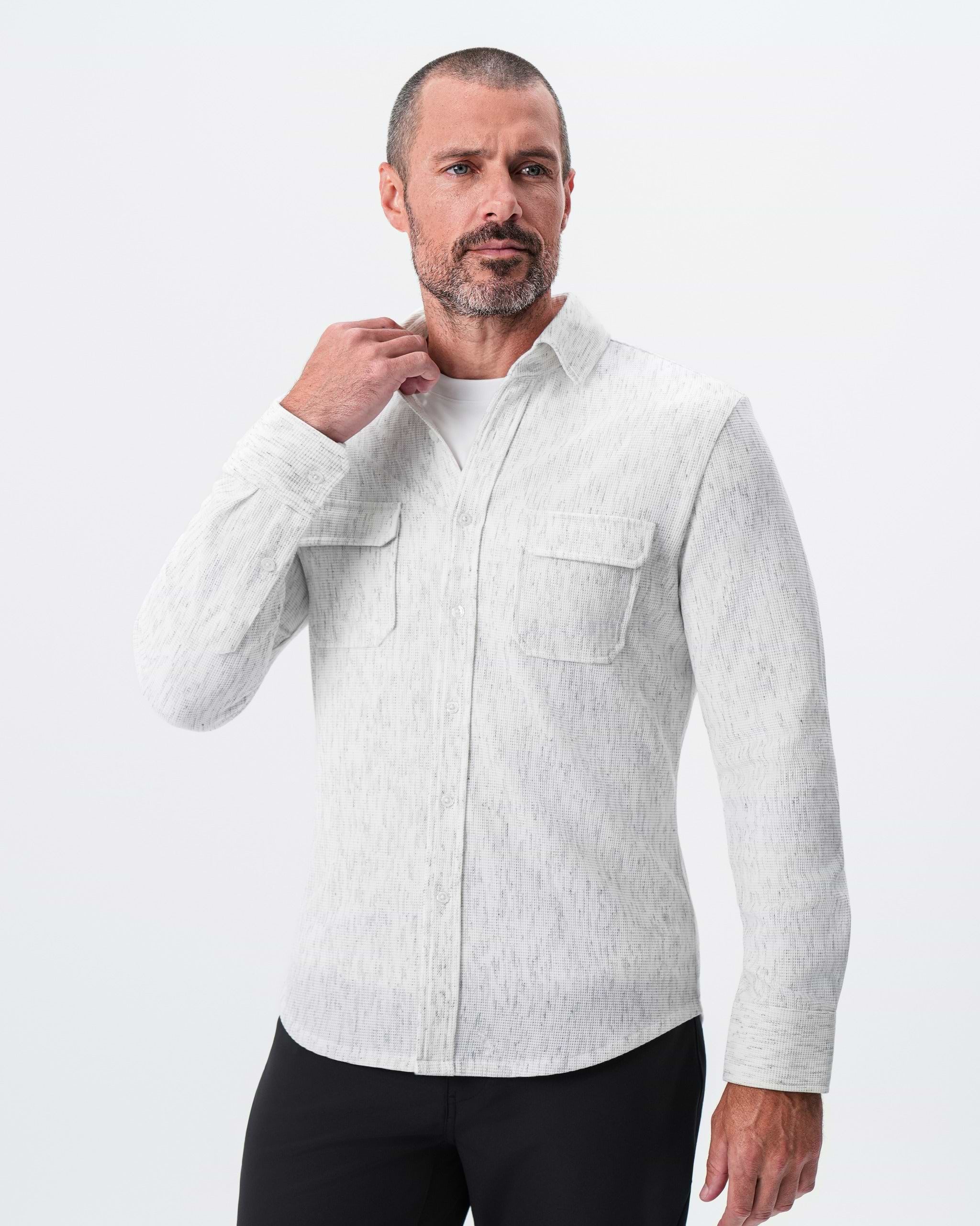 Waffle Patch Pocket Button Down - Heathered White