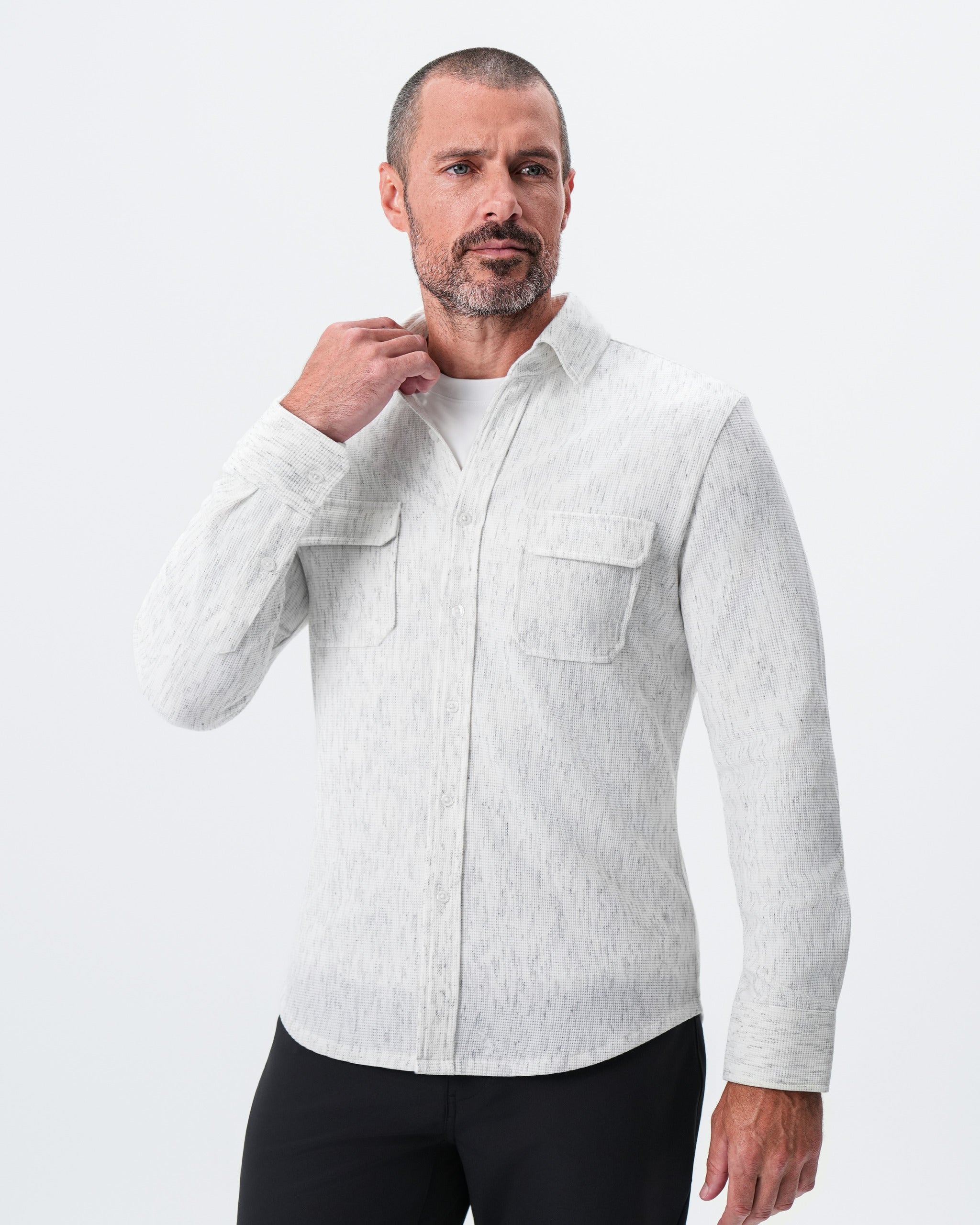 Waffle Patch Pocket Button Down - Heathered White