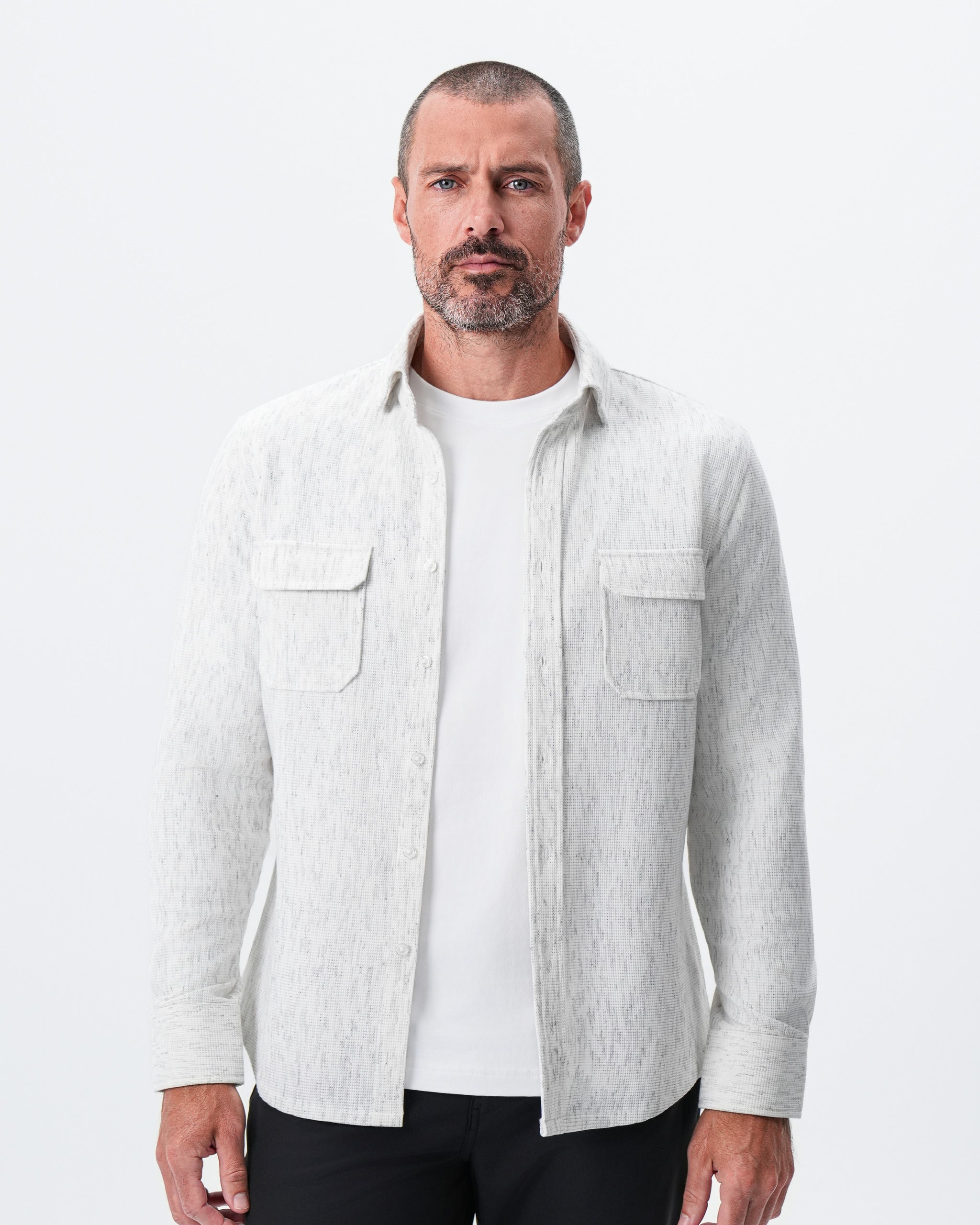Waffle Patch Pocket Button Down - Heathered White