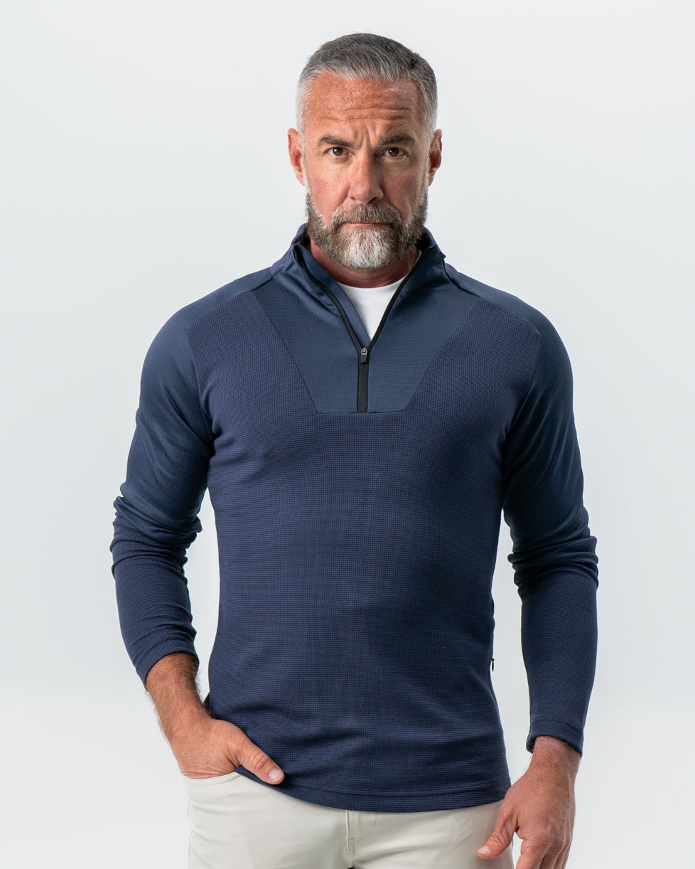 【ネイビー】【FLEX SHIRTS】ネオスウェード ツイル 長袖シャツ Waffle Knit Quarter Zip - Navy