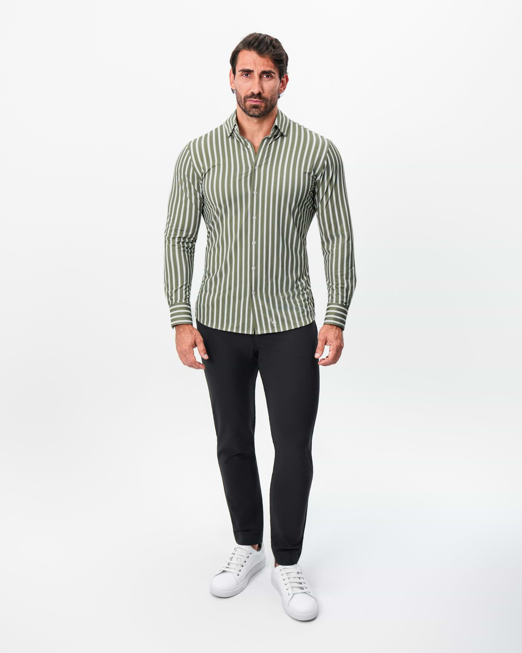 "The Wellington" Sport Shirt - Light Olive and White Bengal Stripe