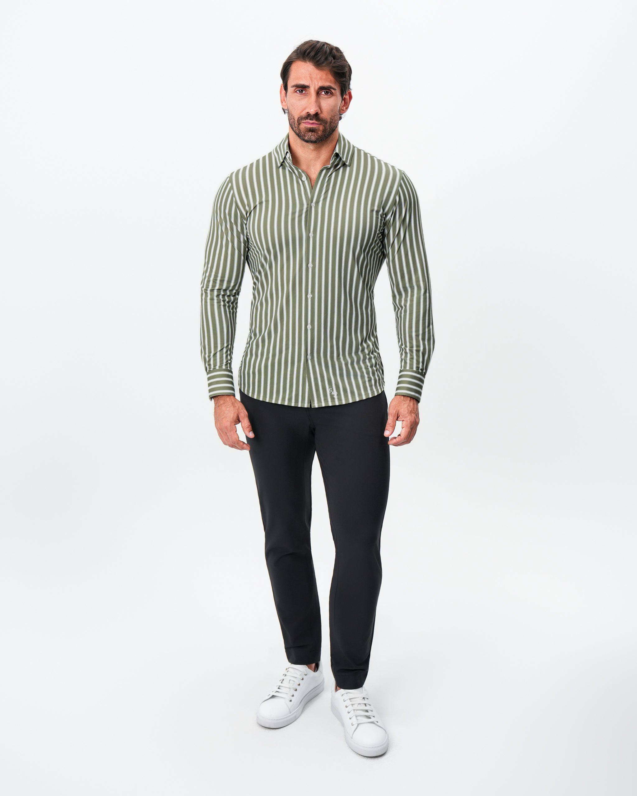 "The Wellington" Sport Shirt - Light Olive and White Bengal Stripe