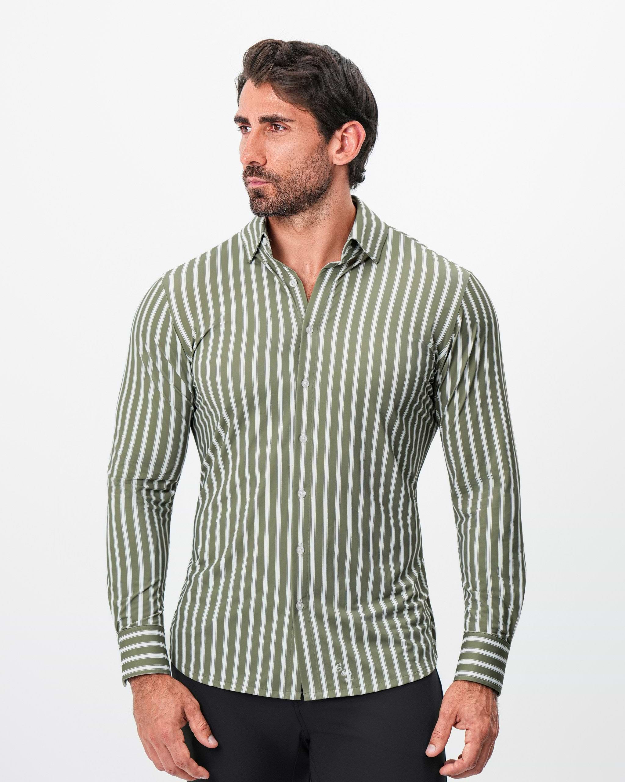 "The Wellington" Sport Shirt - Light Olive and White Bengal Stripe