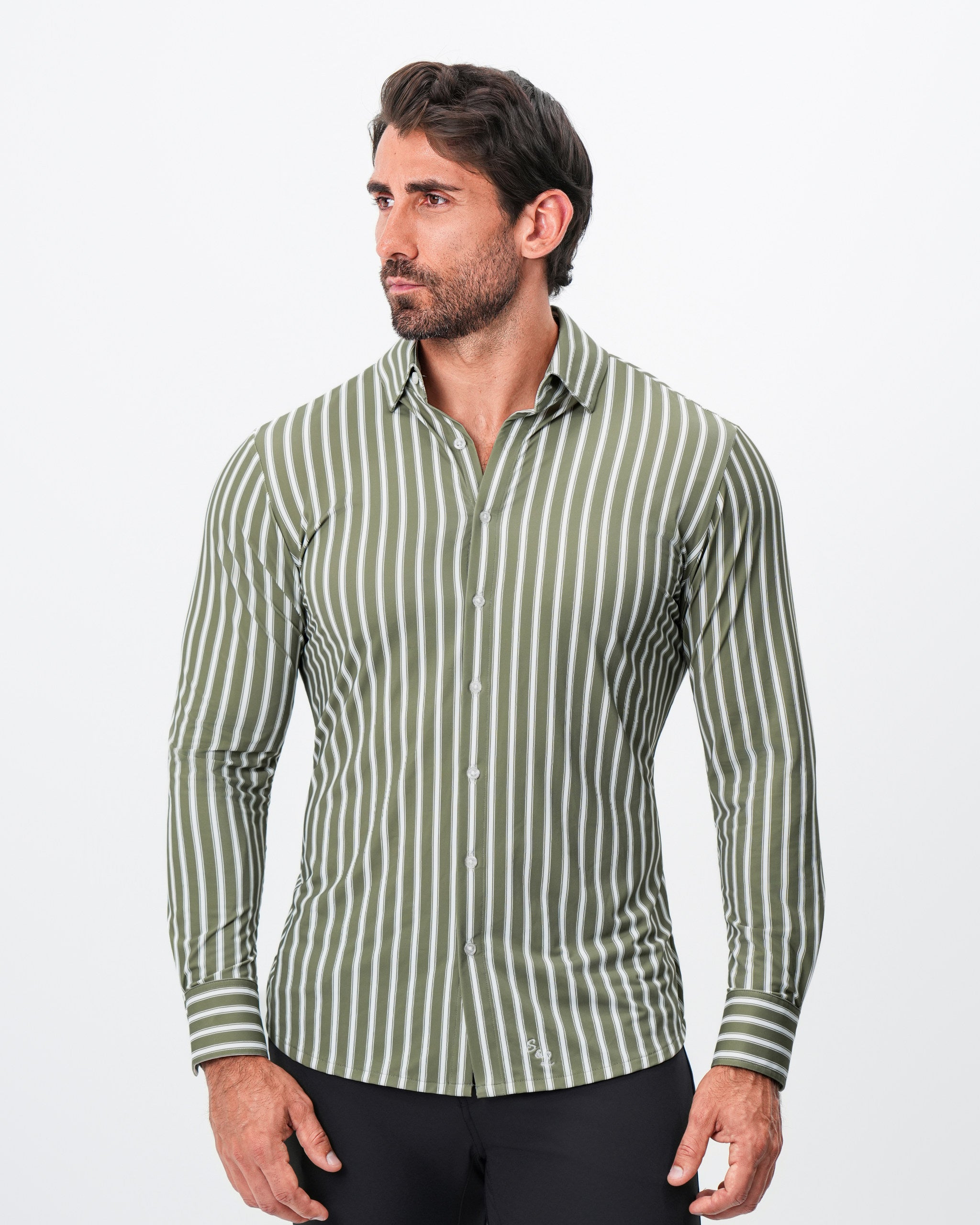 "The Wellington" Sport Shirt - Light Olive and White Bengal Stripe