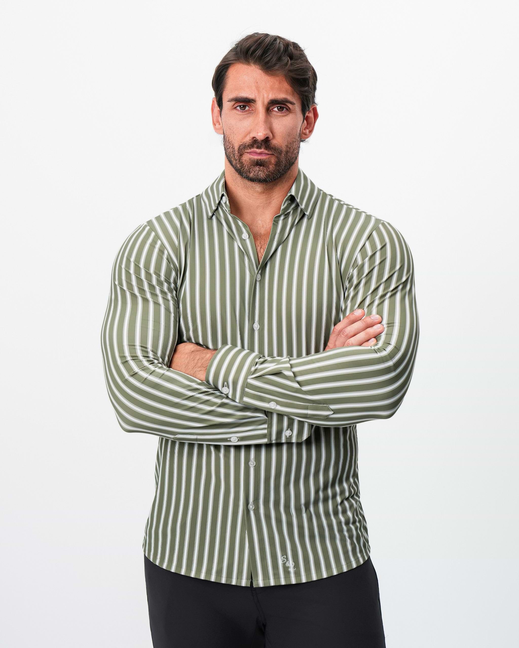 "The Wellington" Sport Shirt - Light Olive and White Bengal Stripe