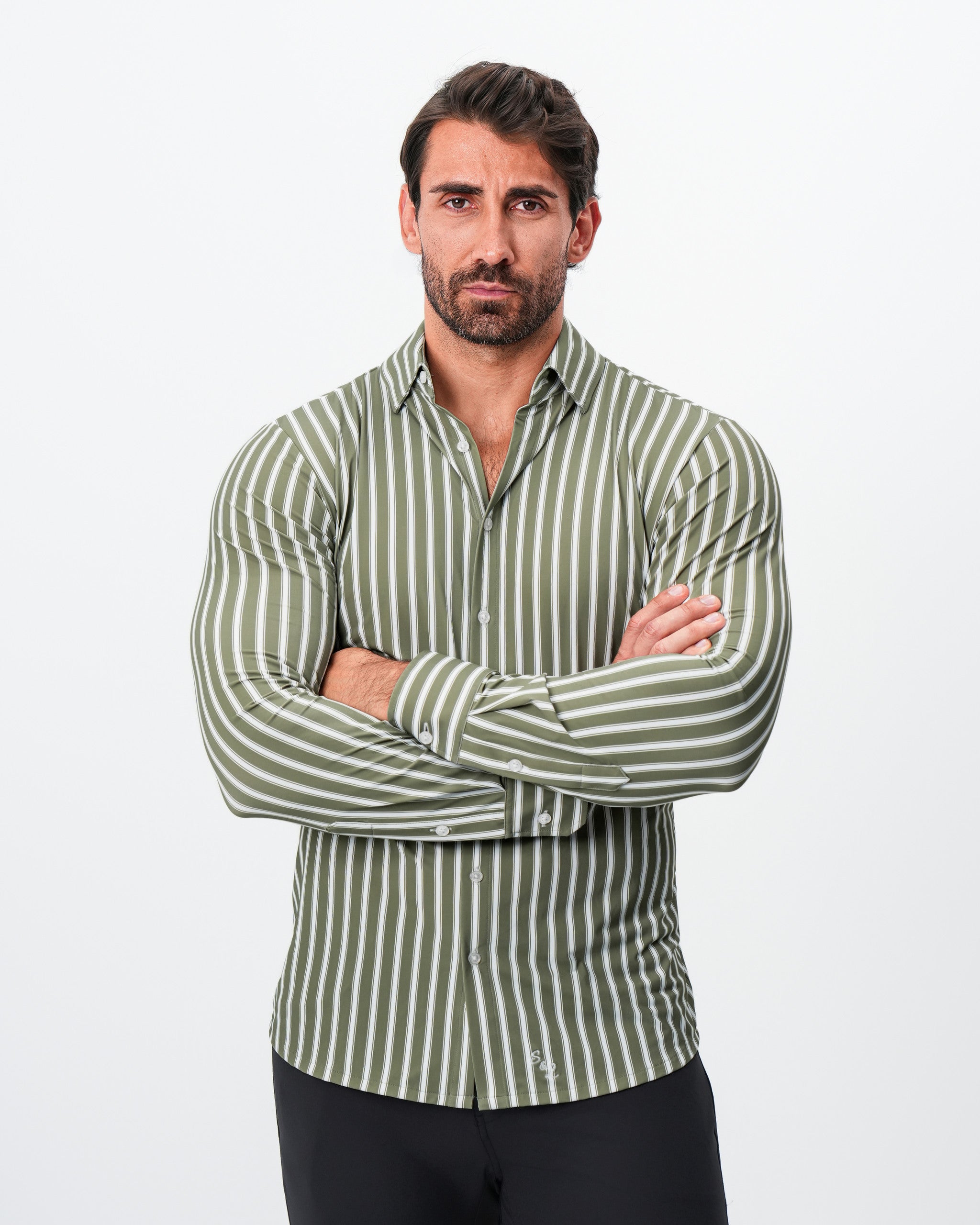 "The Wellington" Sport Shirt - Light Olive and White Bengal Stripe
