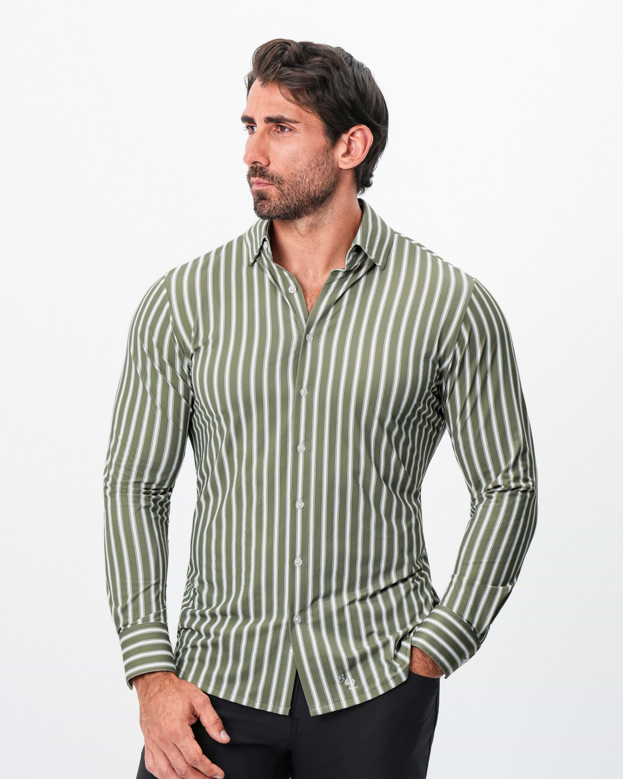"The Wellington" Sport Shirt - Light Olive and White Bengal Stripe