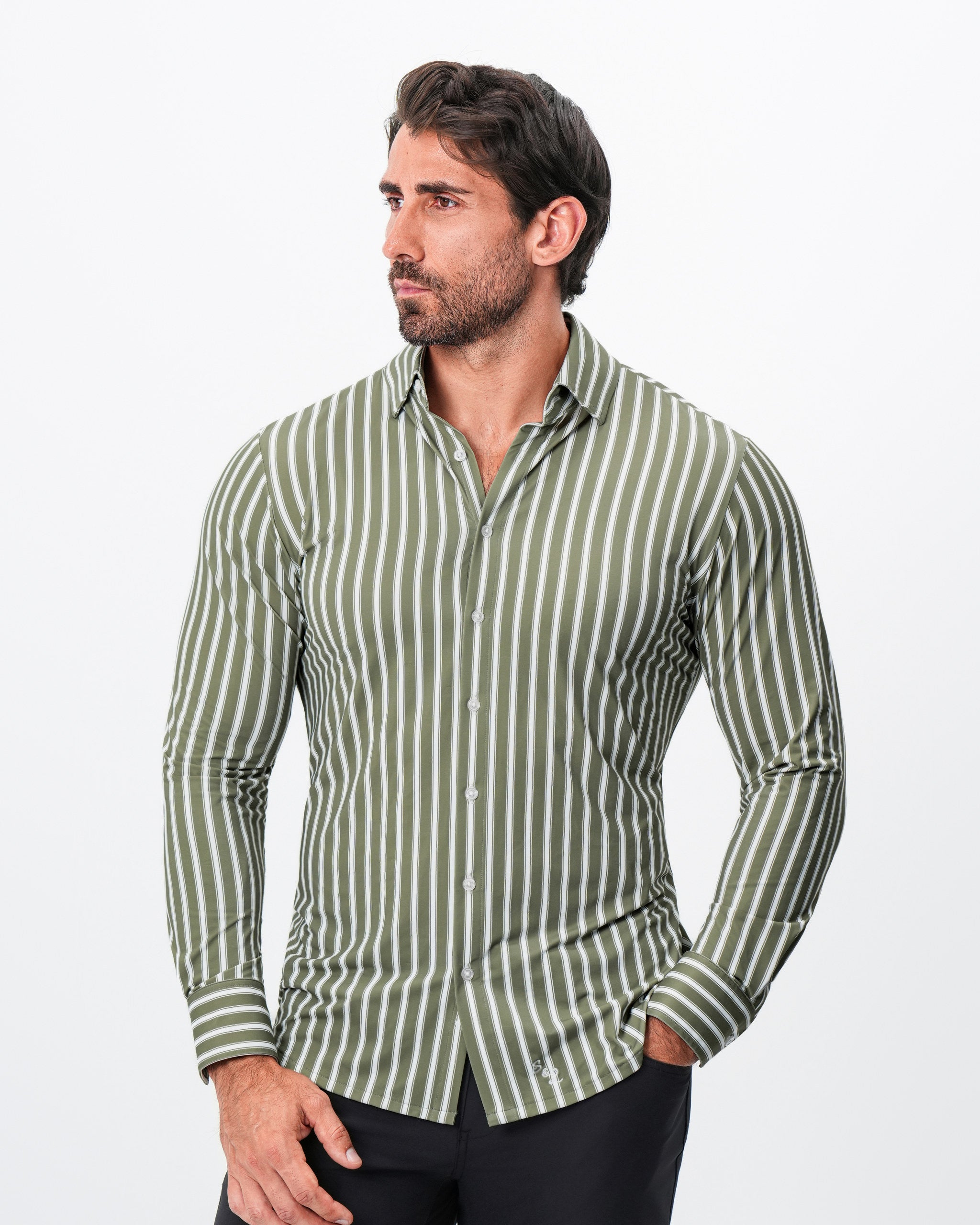 "The Wellington" Sport Shirt - Light Olive and White Bengal Stripe