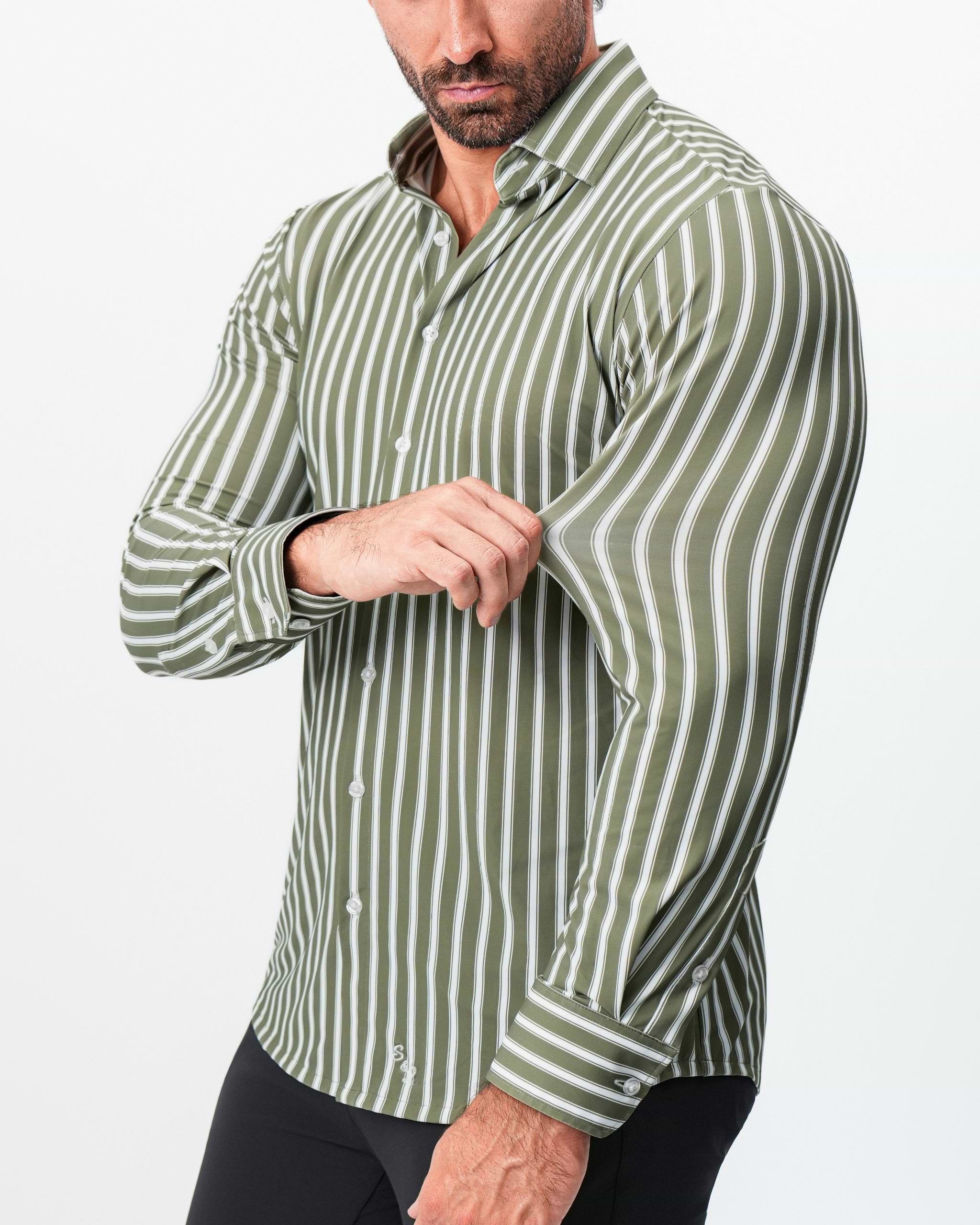 "The Wellington" Sport Shirt - Light Olive and White Bengal Stripe
