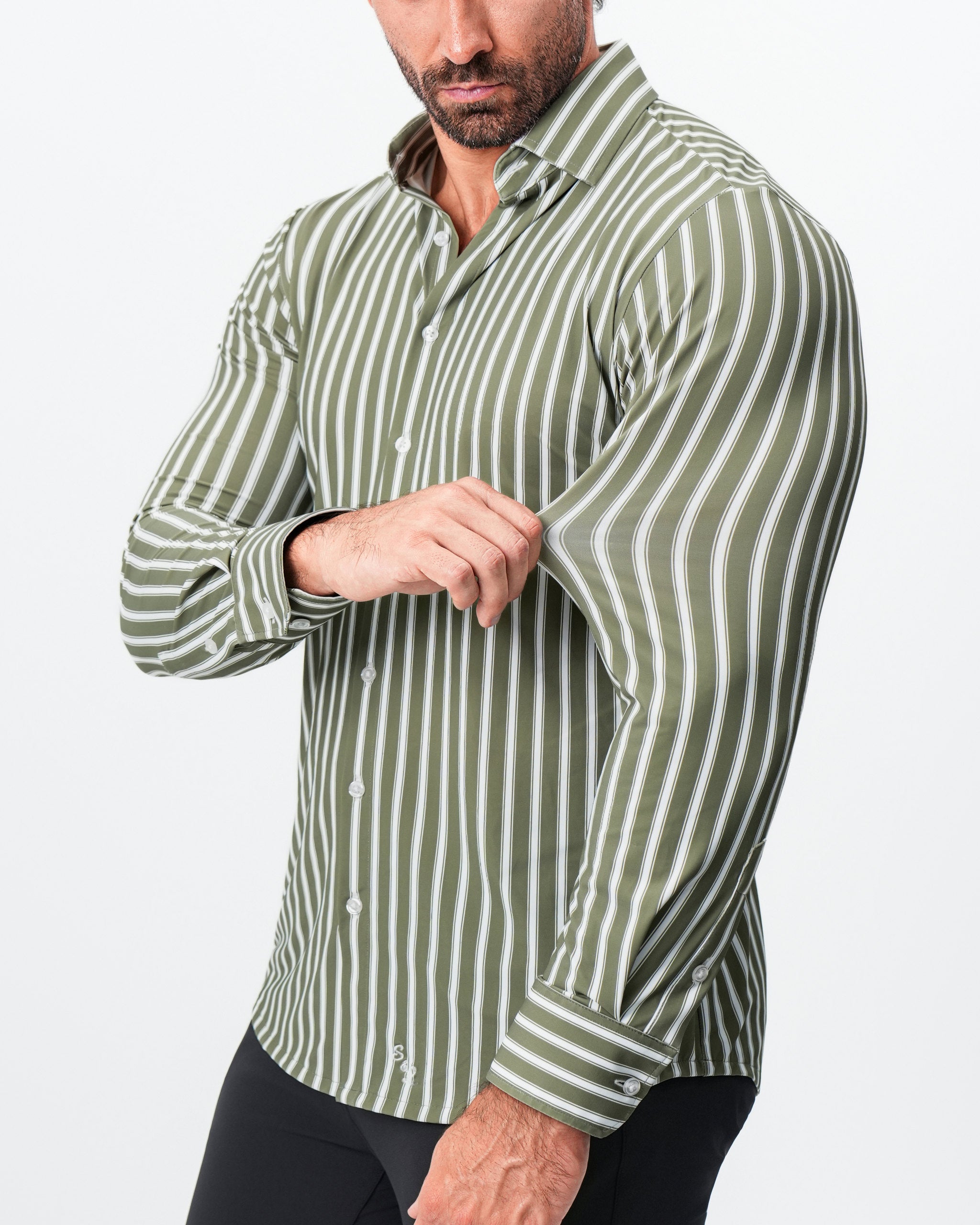 "The Wellington" Sport Shirt - Light Olive and White Bengal Stripe
