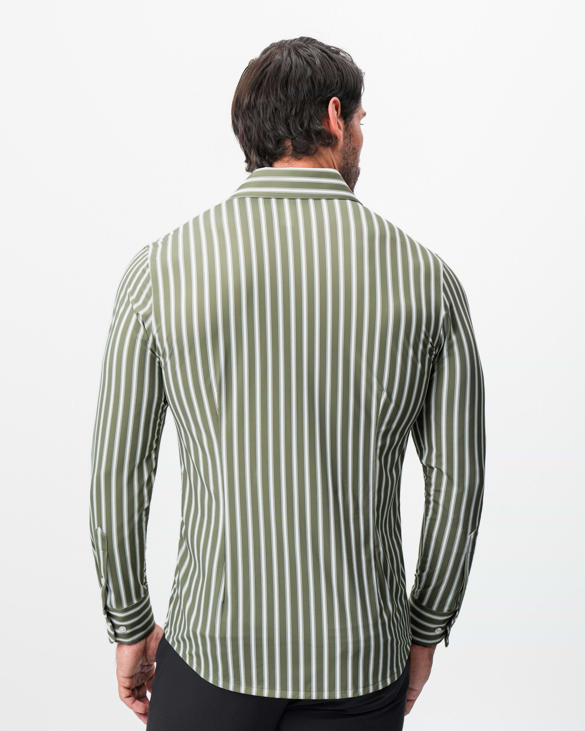 "The Wellington" Sport Shirt - Light Olive and White Bengal Stripe