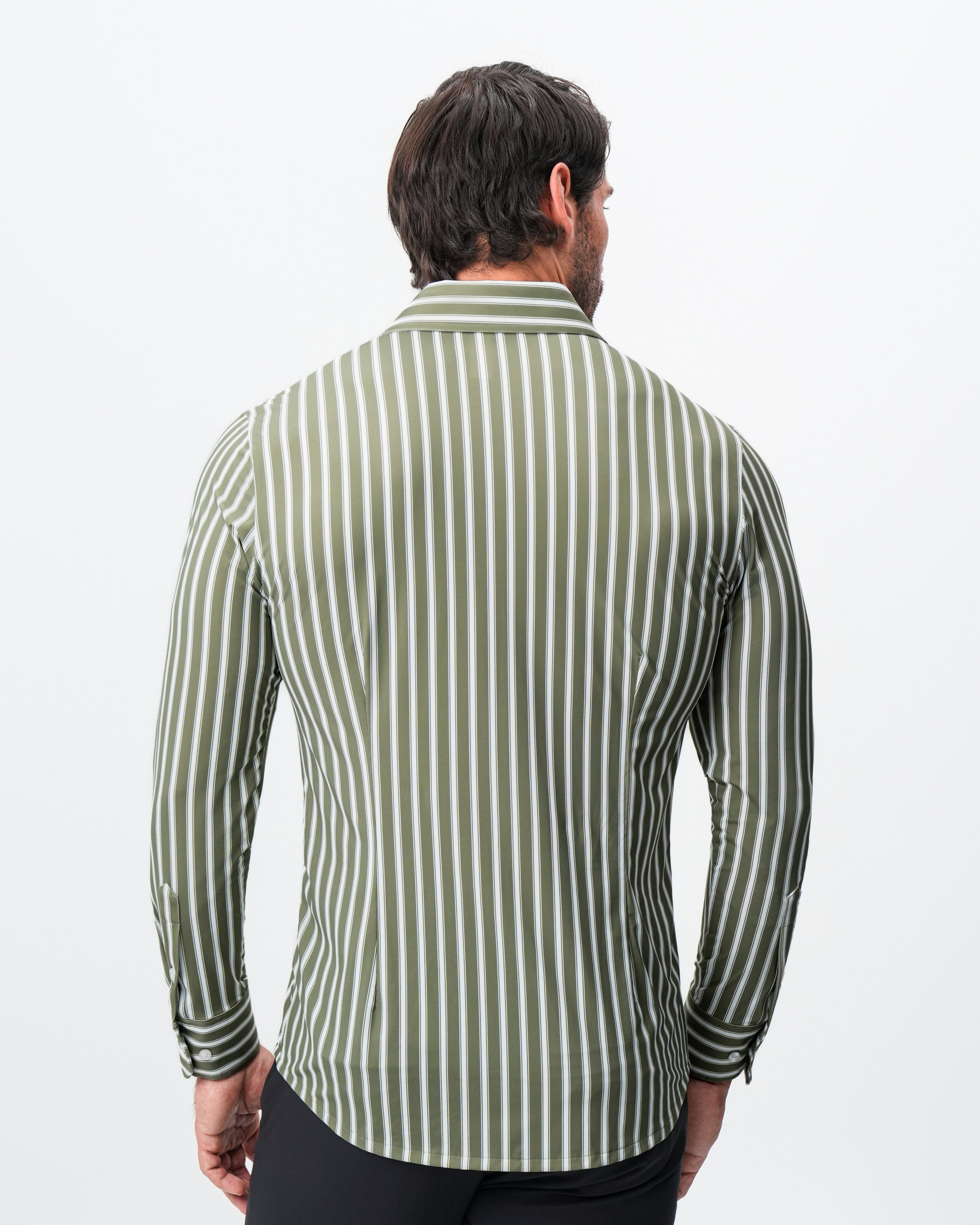 "The Wellington" Sport Shirt - Light Olive and White Bengal Stripe