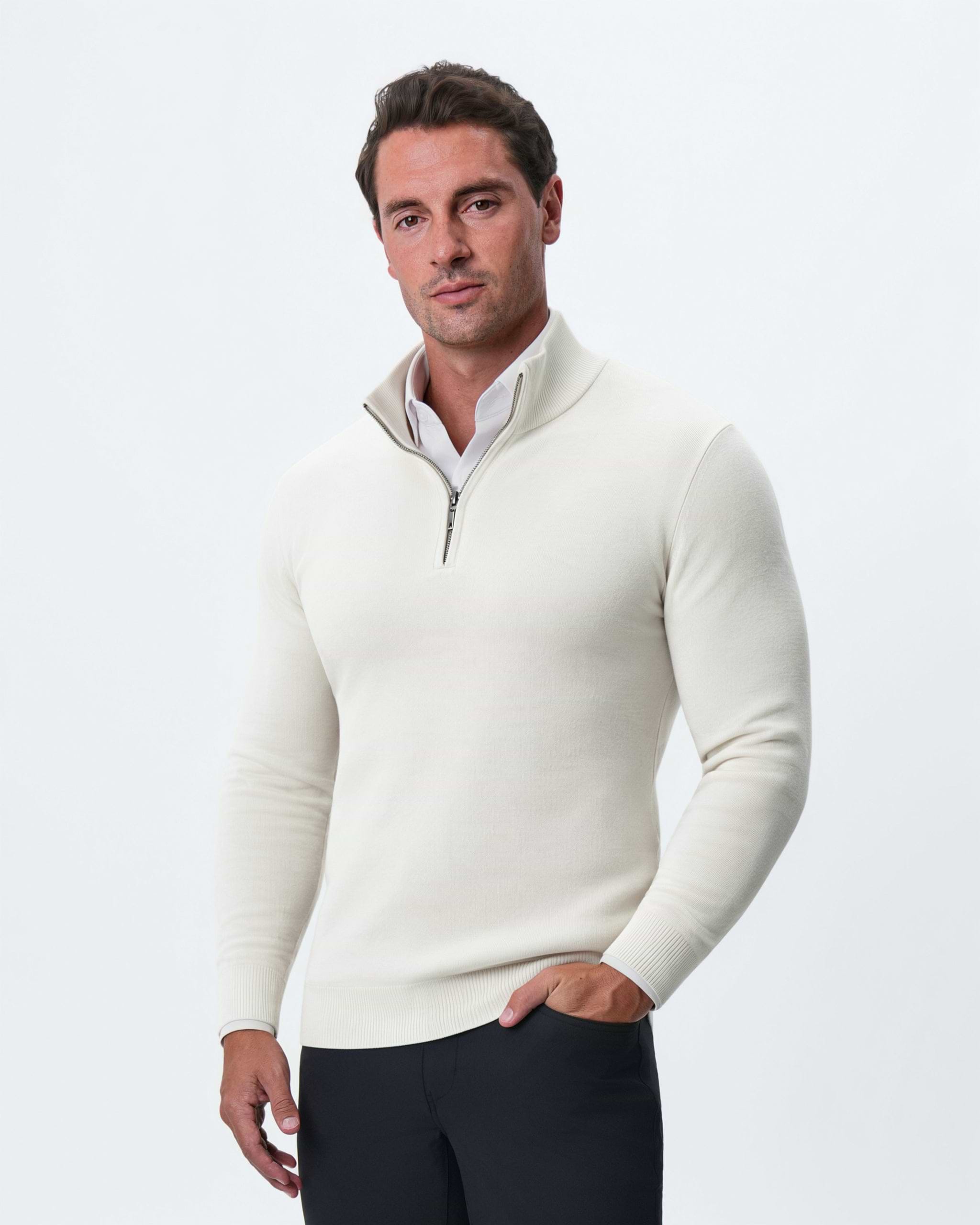 Mid-Weight Wool Quarter Zip - Cream