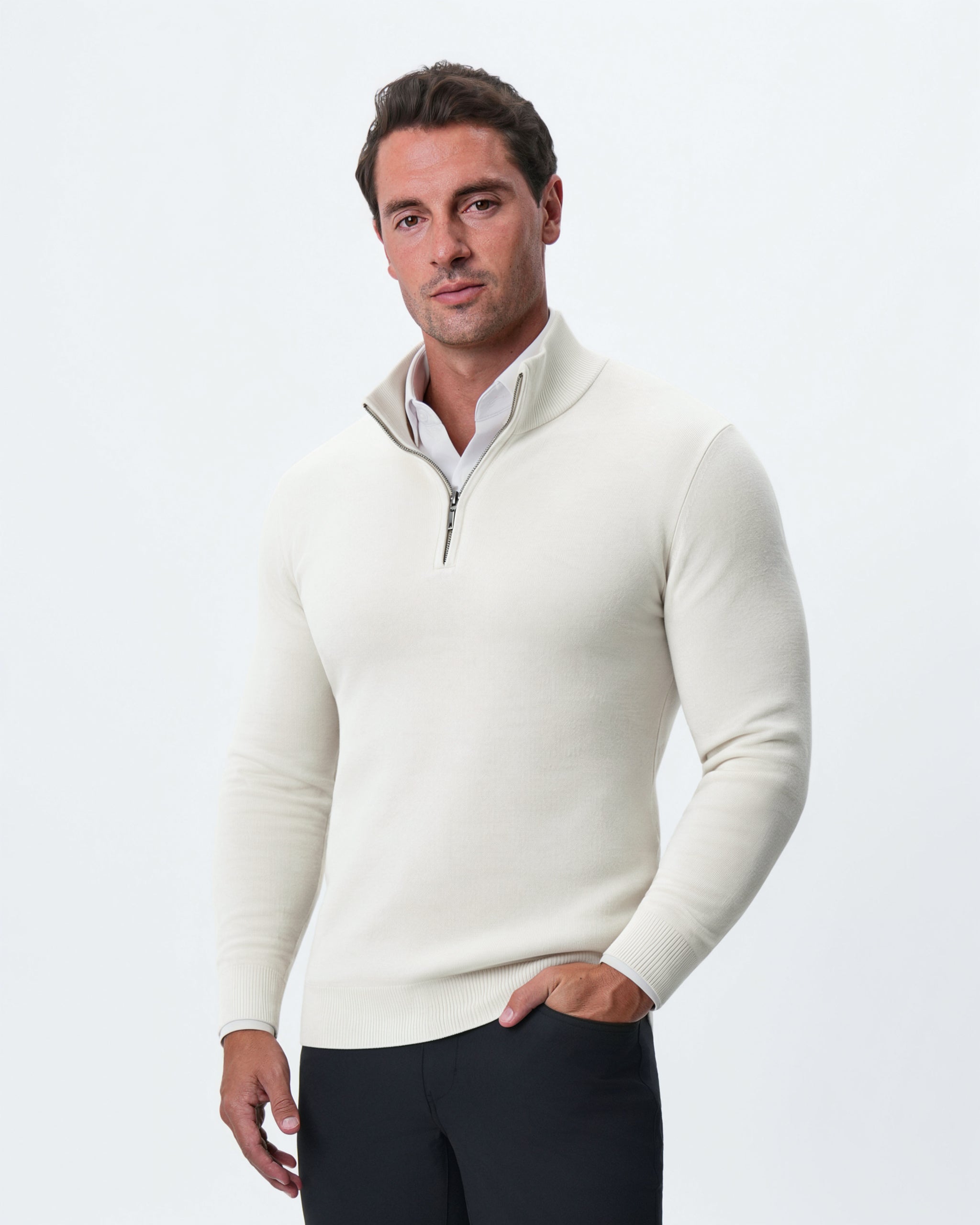 Mid-Weight Wool Quarter Zip - Cream