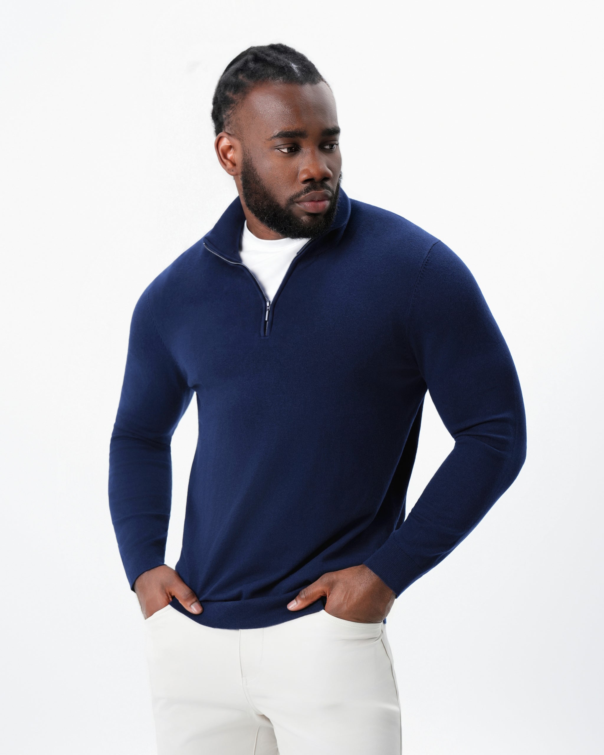 Mid-Weight Wool Quarter Zip - Navy