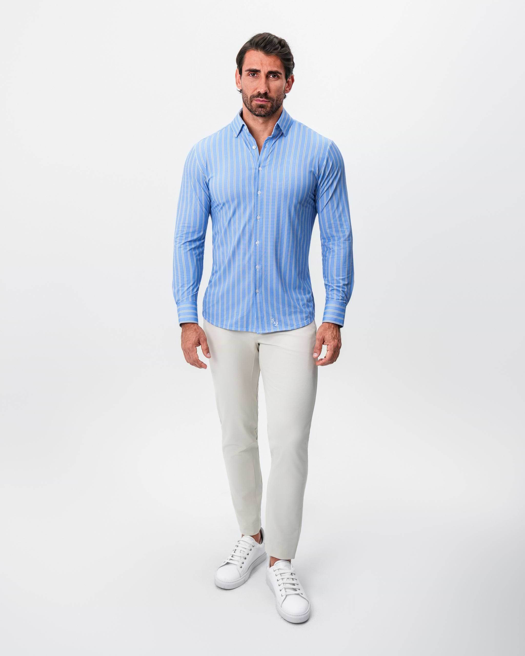 "The Wrigley" Sport Shirt - Light Blue & White Wide Stripe