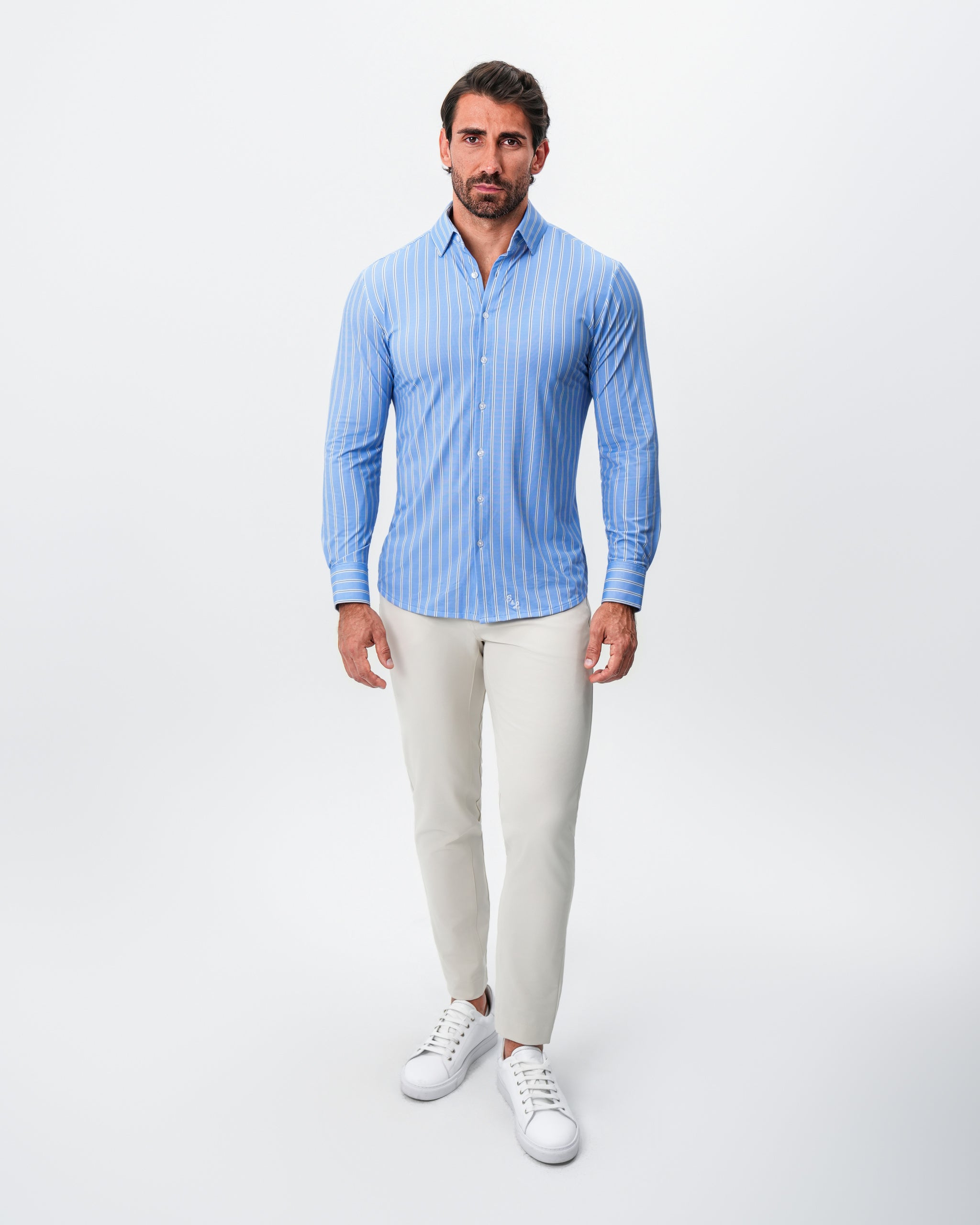 "The Wrigley" Sport Shirt - Light Blue & White Wide Stripe