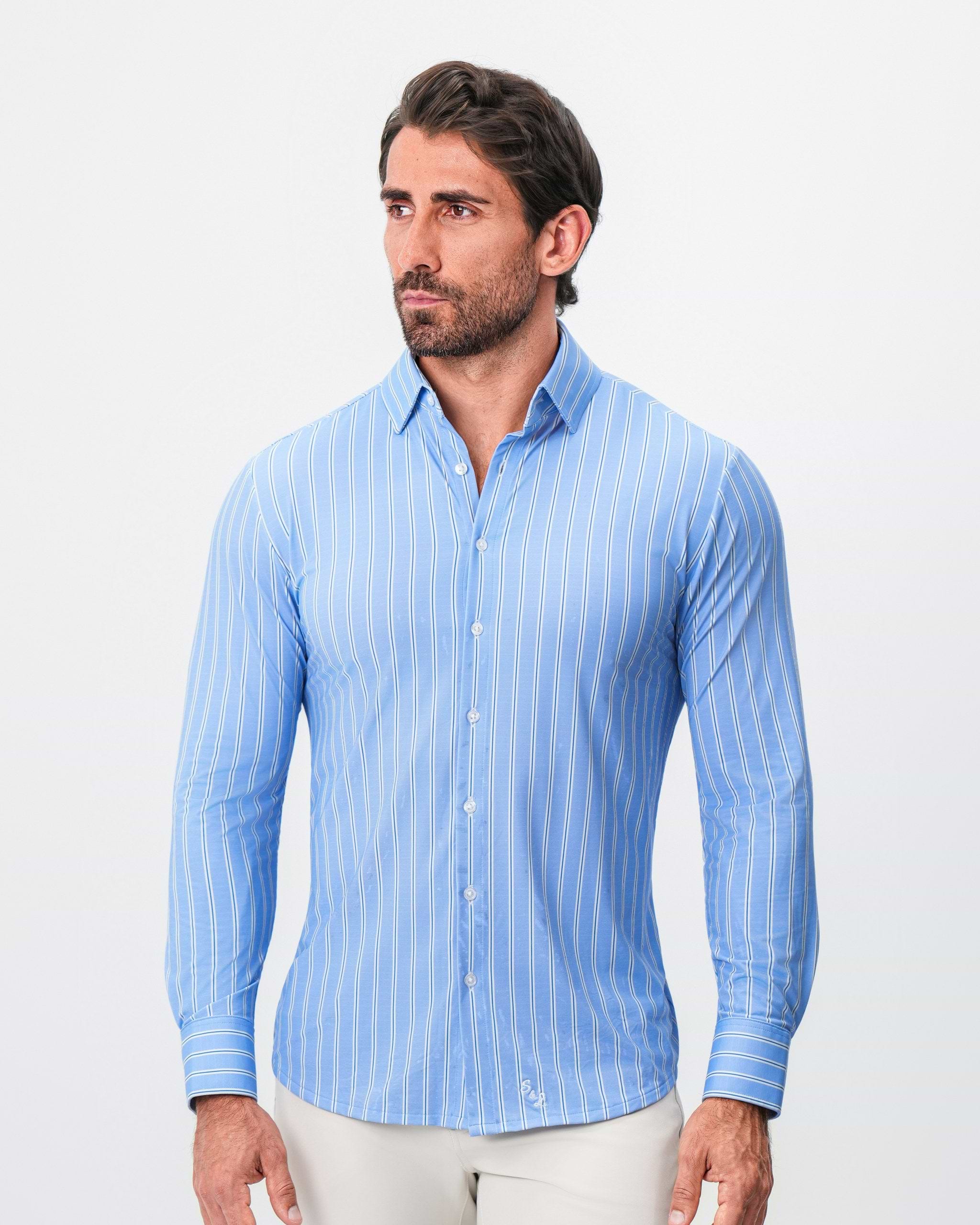 "The Wrigley" Sport Shirt - Light Blue & White Wide Stripe