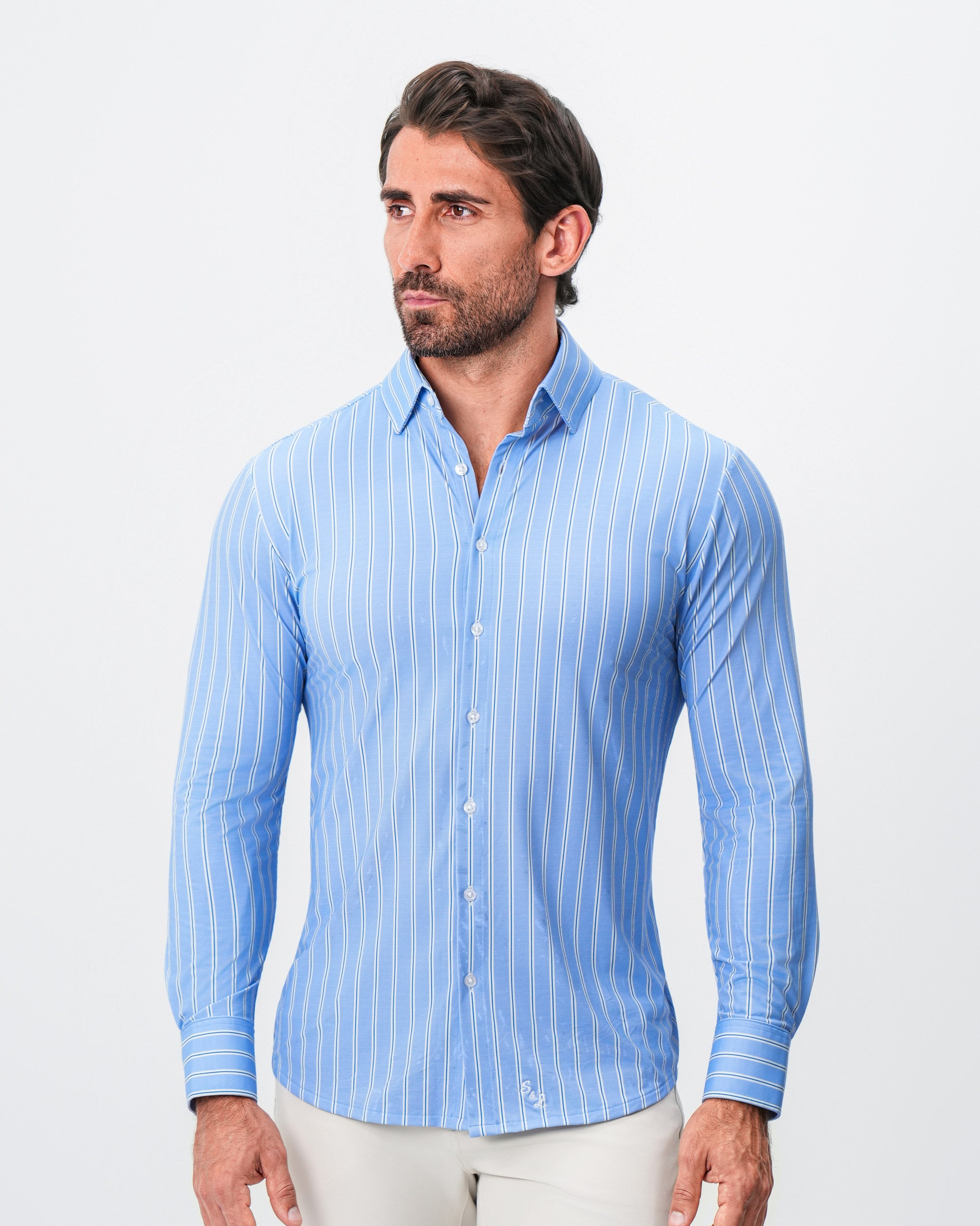 "The Wrigley" Sport Shirt - Light Blue & White Wide Stripe