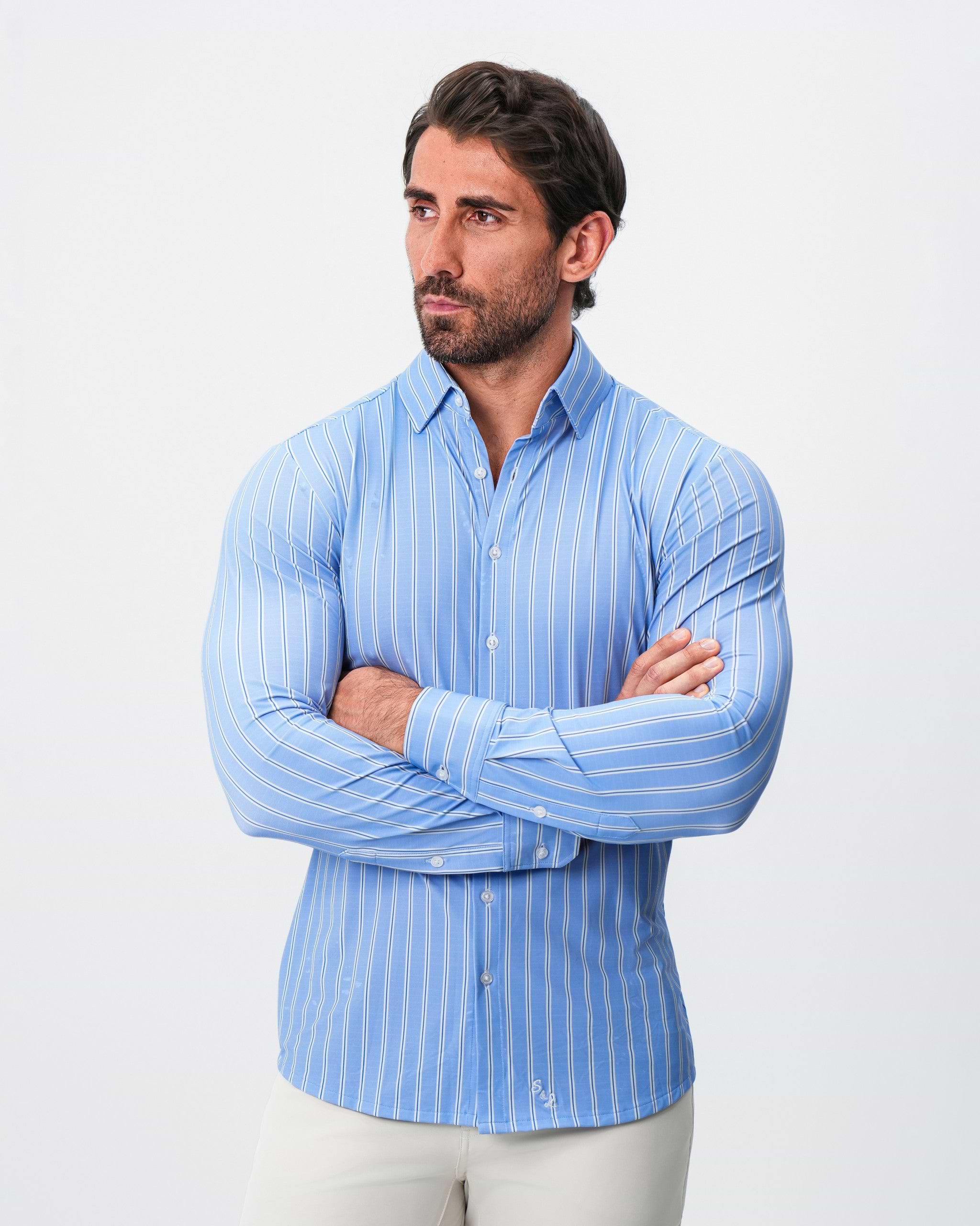 "The Wrigley" Sport Shirt - Light Blue & White Wide Stripe