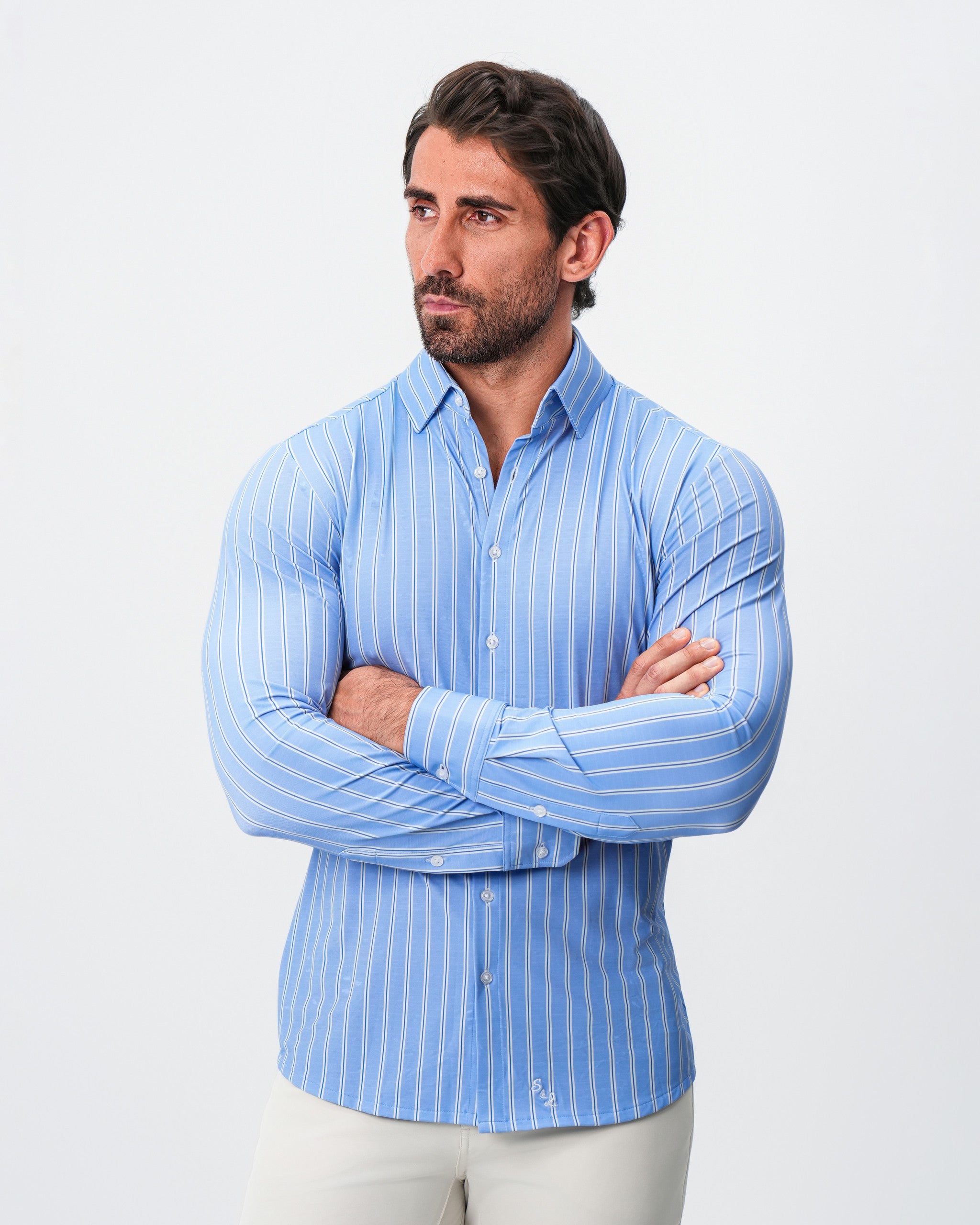"The Wrigley" Sport Shirt - Light Blue & White Wide Stripe