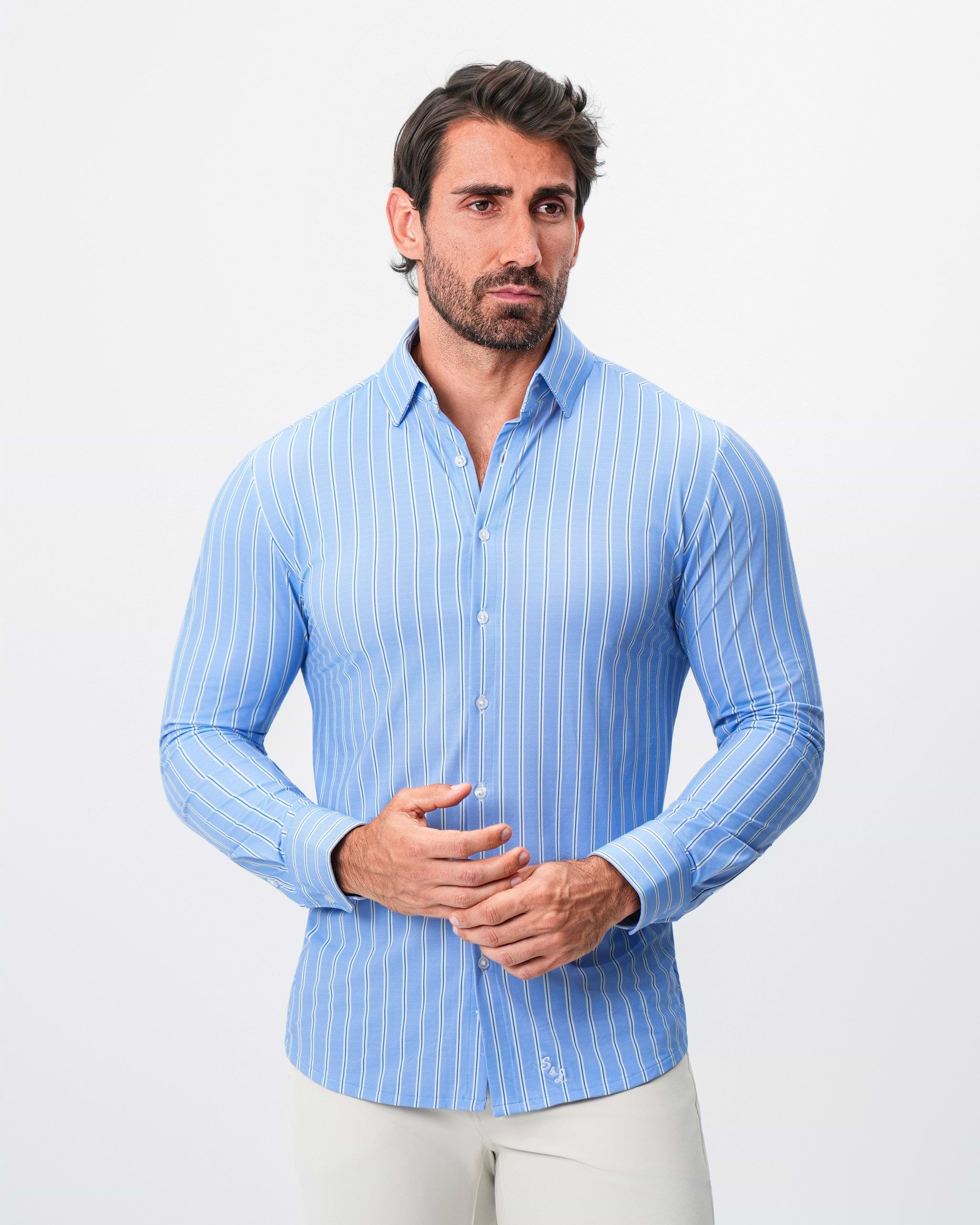 "The Wrigley" Sport Shirt - Light Blue & White Wide Stripe
