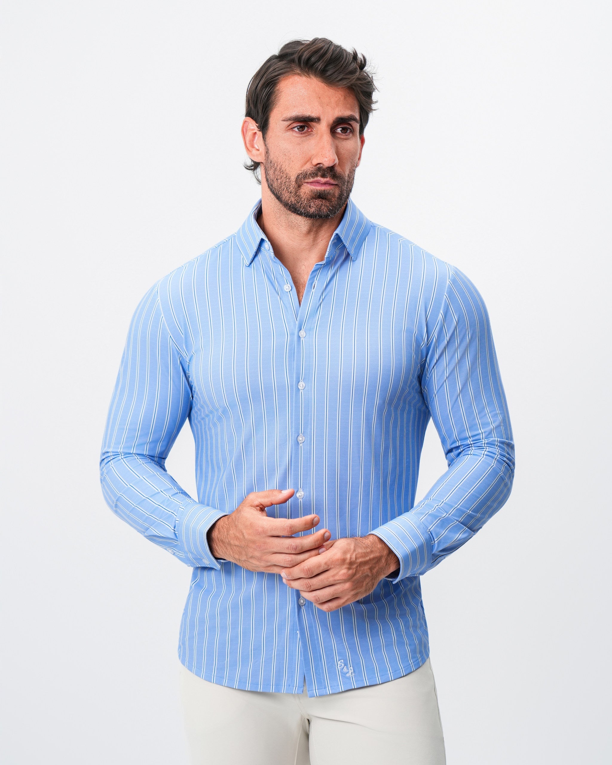 "The Wrigley" Sport Shirt - Light Blue & White Wide Stripe