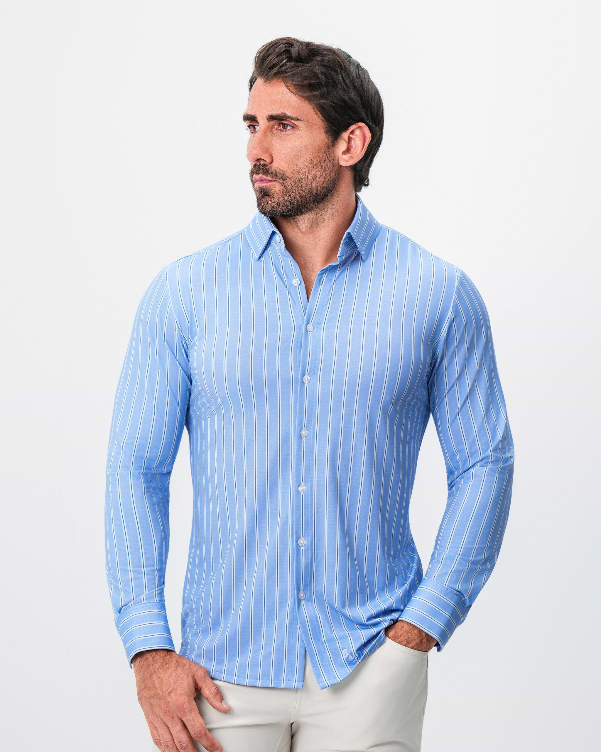 "The Wrigley" Sport Shirt - Light Blue & White Wide Stripe