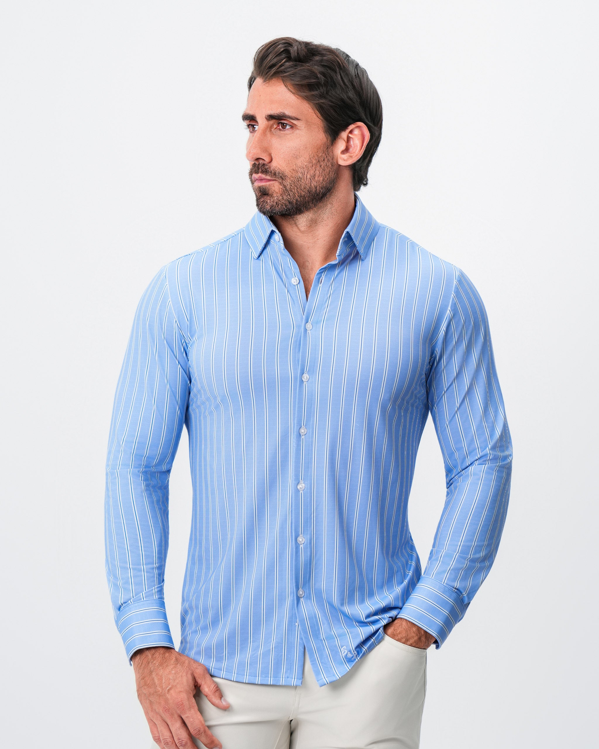 "The Wrigley" Sport Shirt - Light Blue & White Wide Stripe