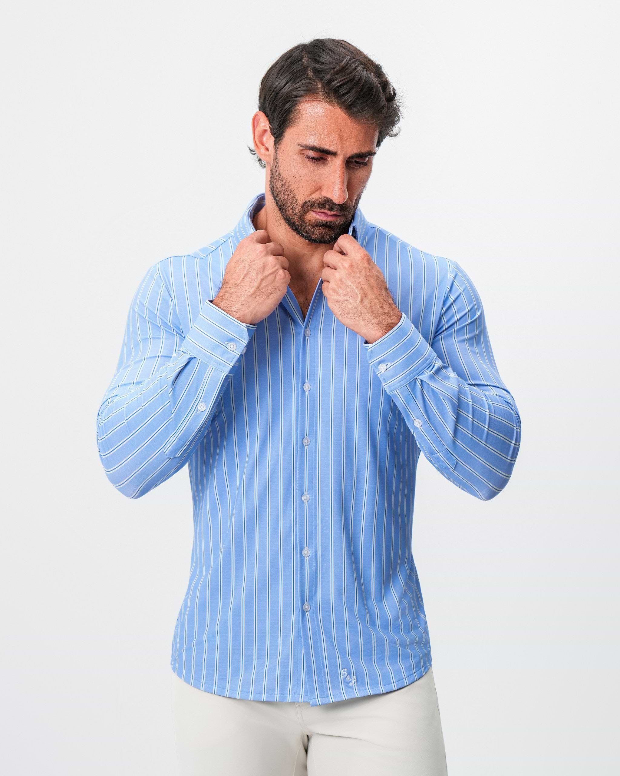 "The Wrigley" Sport Shirt - Light Blue & White Wide Stripe