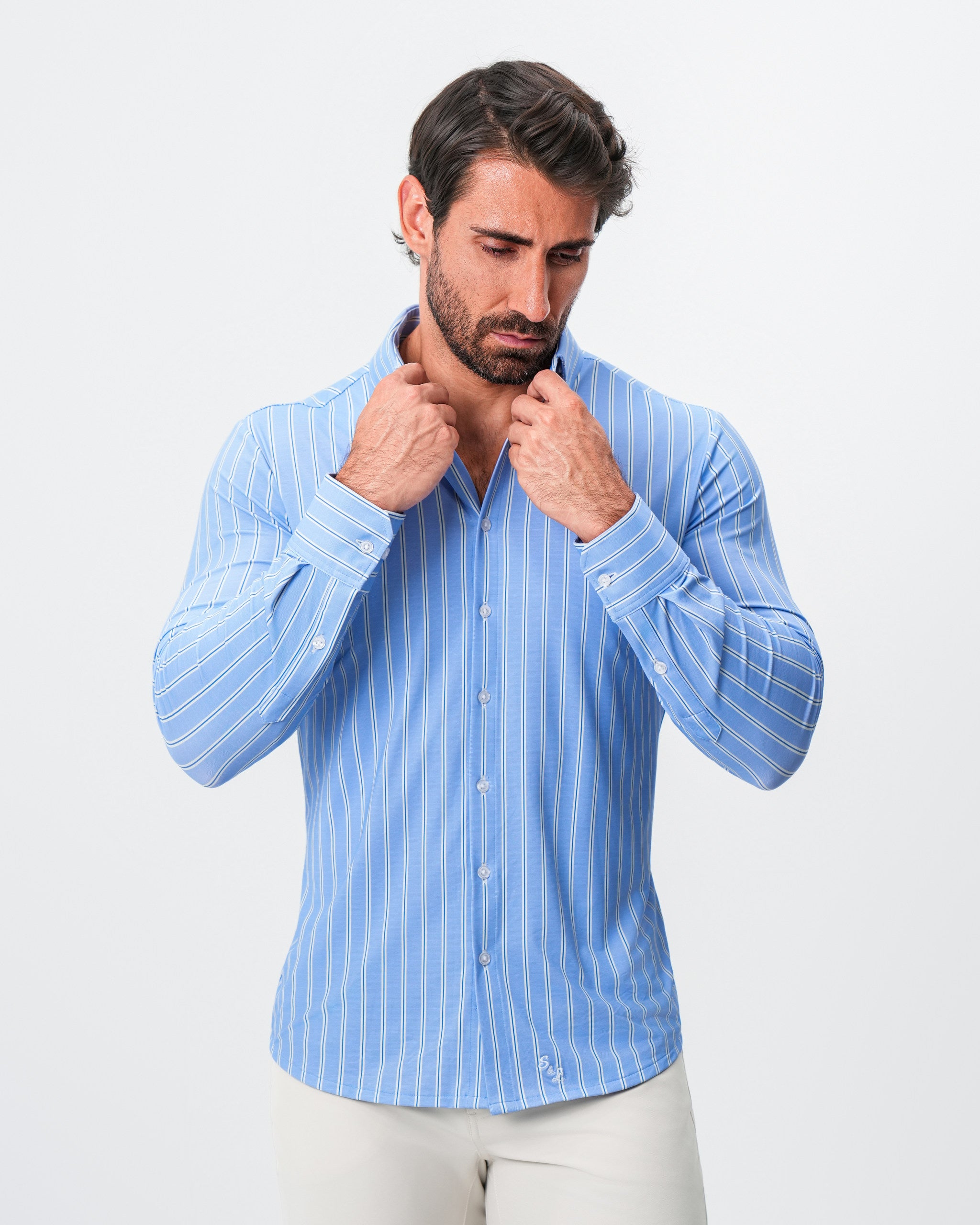 "The Wrigley" Sport Shirt - Light Blue & White Wide Stripe