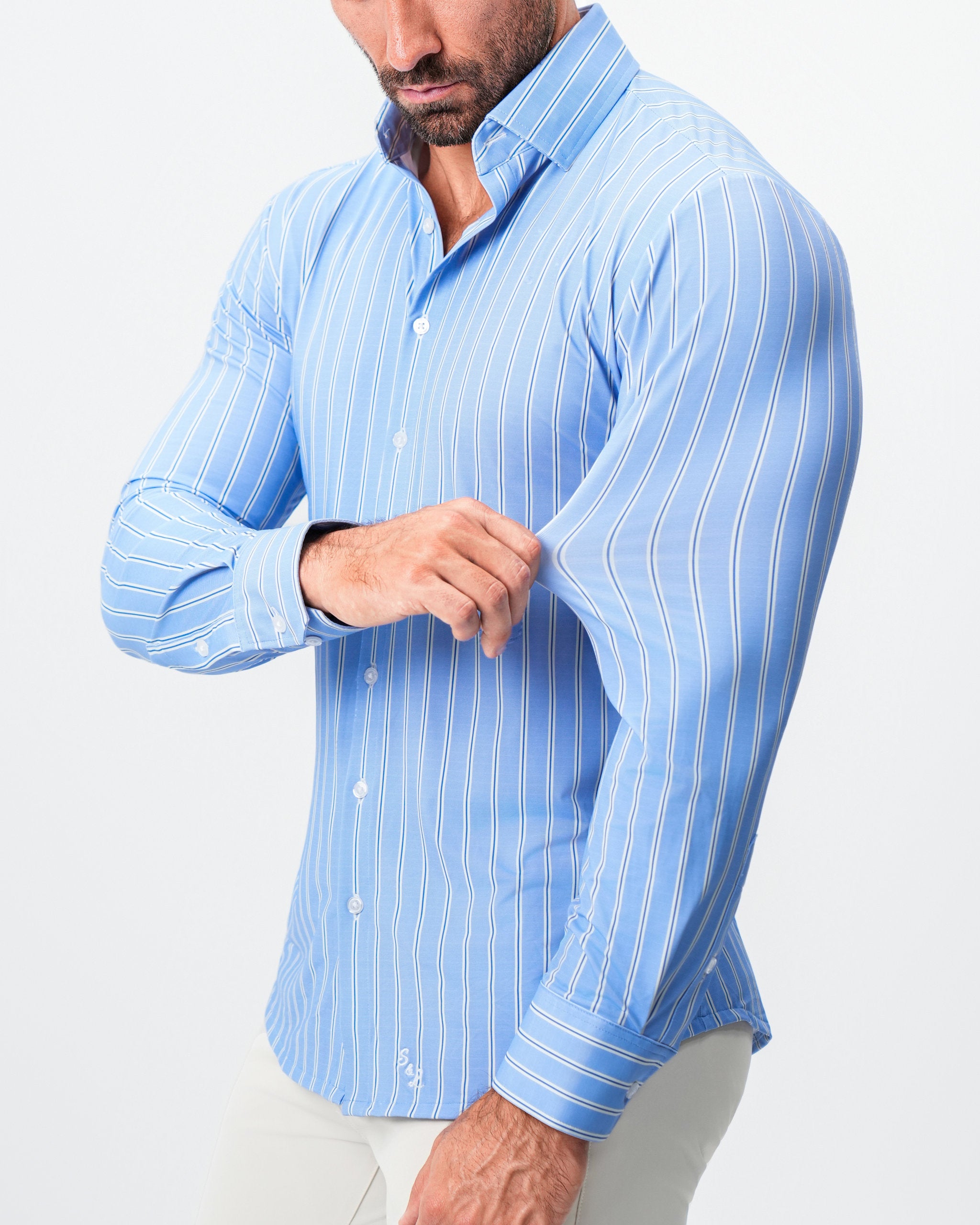 "The Wrigley" Sport Shirt - Light Blue & White Wide Stripe