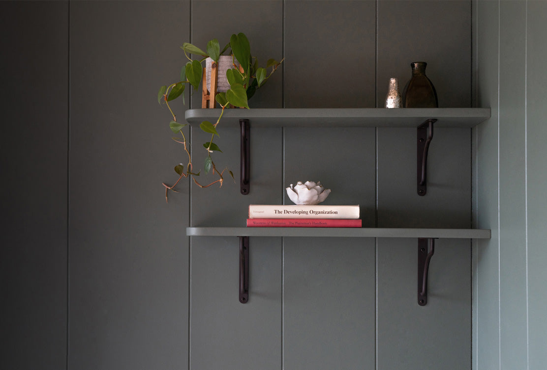 Two dark shelves against a green wall display a plant, books, and a decorative dish, adding a touch of warmth to the space.