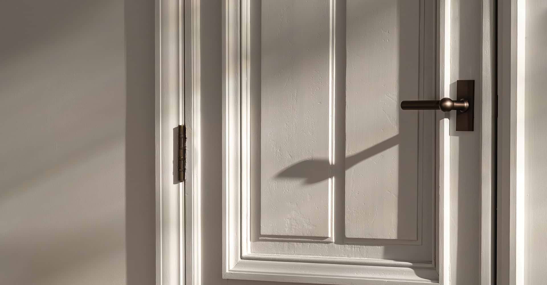 Close-up of a white door with a bronze handle, casting soft shadows from natural light on a textured surface.