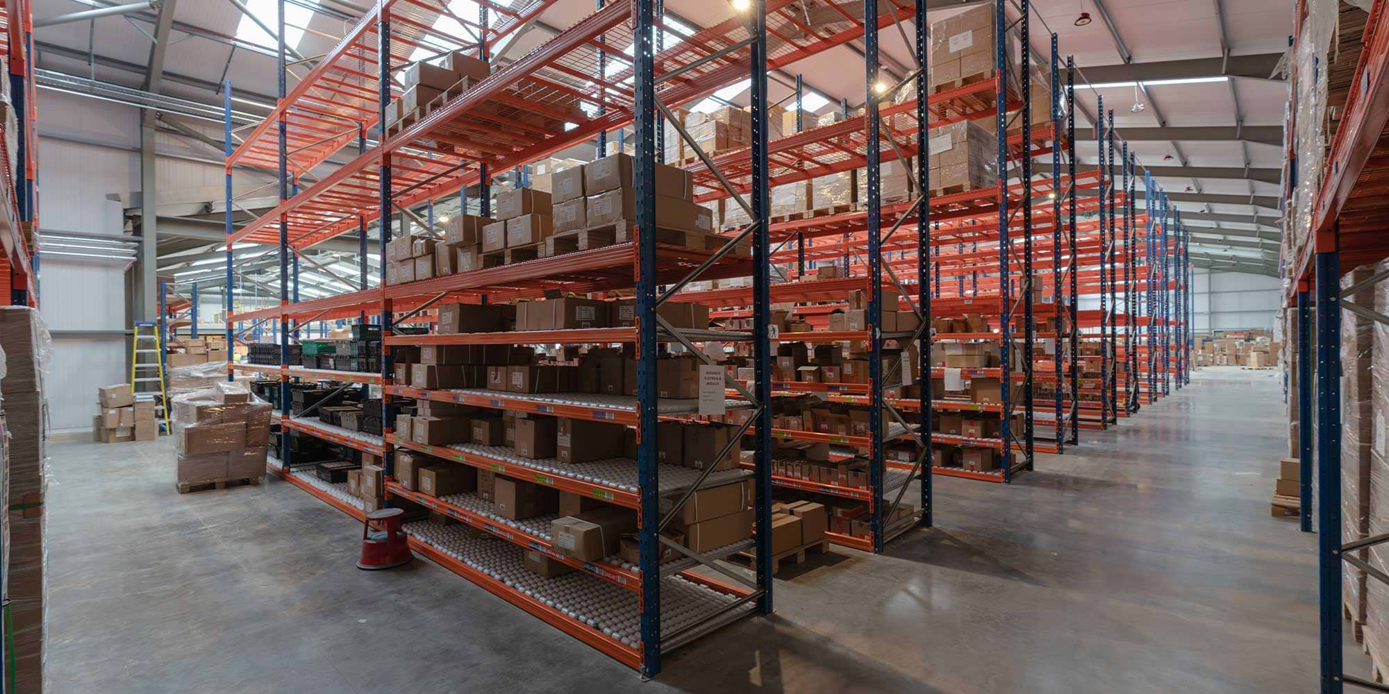 A spacious warehouse with tall shelves filled with cardboard boxes, organized and awaiting distribution. A ladder is visible to the left.