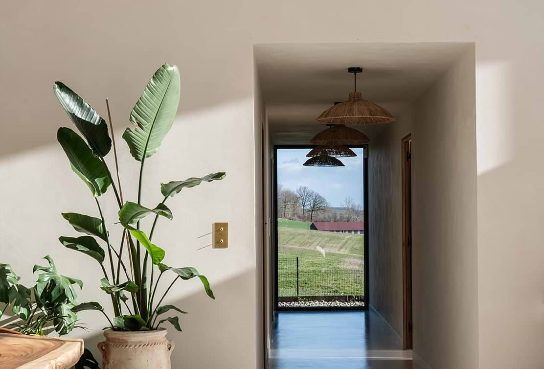 A bright hallway features a large potted plant and woven pendant lights, leading to a scenic view of green fields and a red barn.